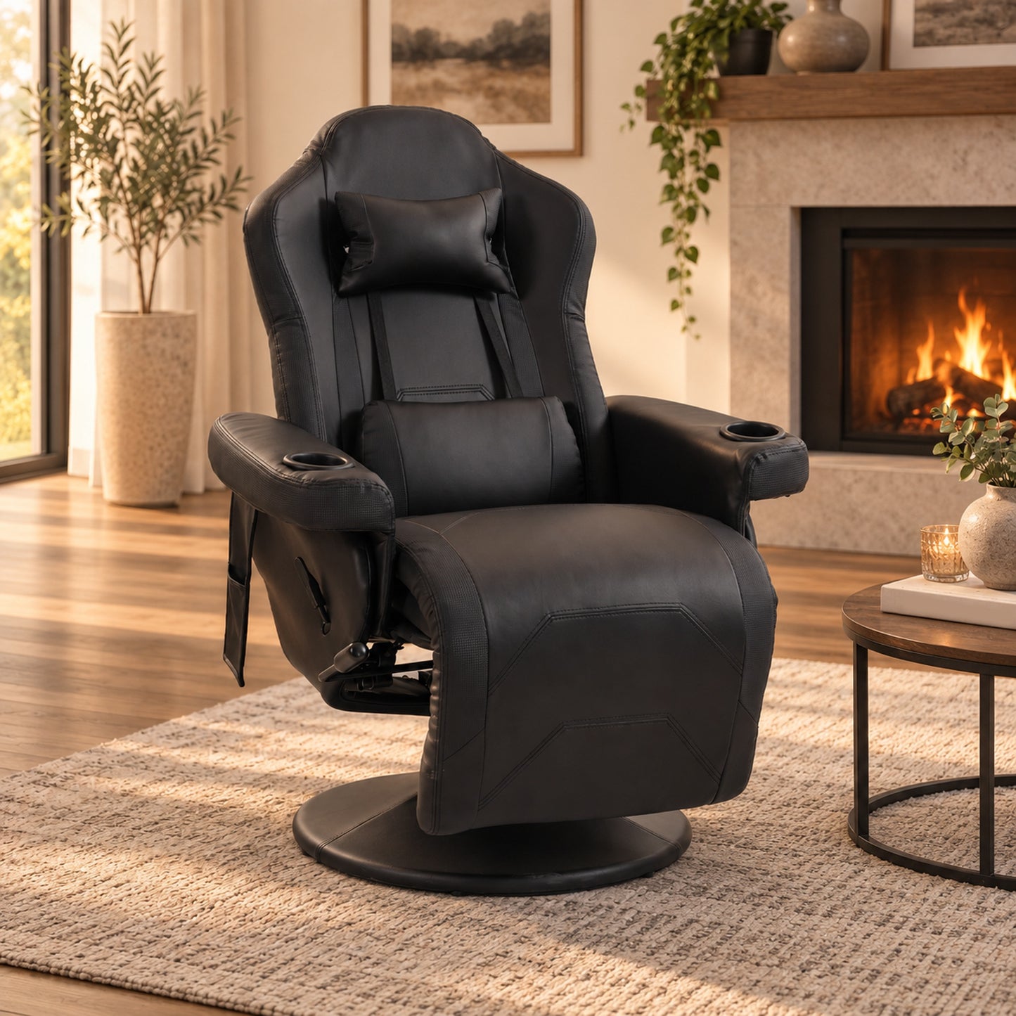 HOMCOM Manual Recliner Armchair PU Leather Lounge Chair w/ Adjustable Leg Rest, 135° Reclining Function, 360° Swivel, Black