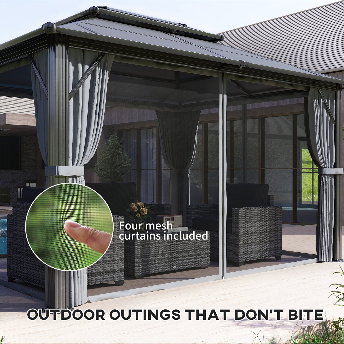 Outsunny 3x4m Hardtop Gazebo, UPF30+ Roof, Aluminium Frame, Mosquito Netting & Curtains, Grey