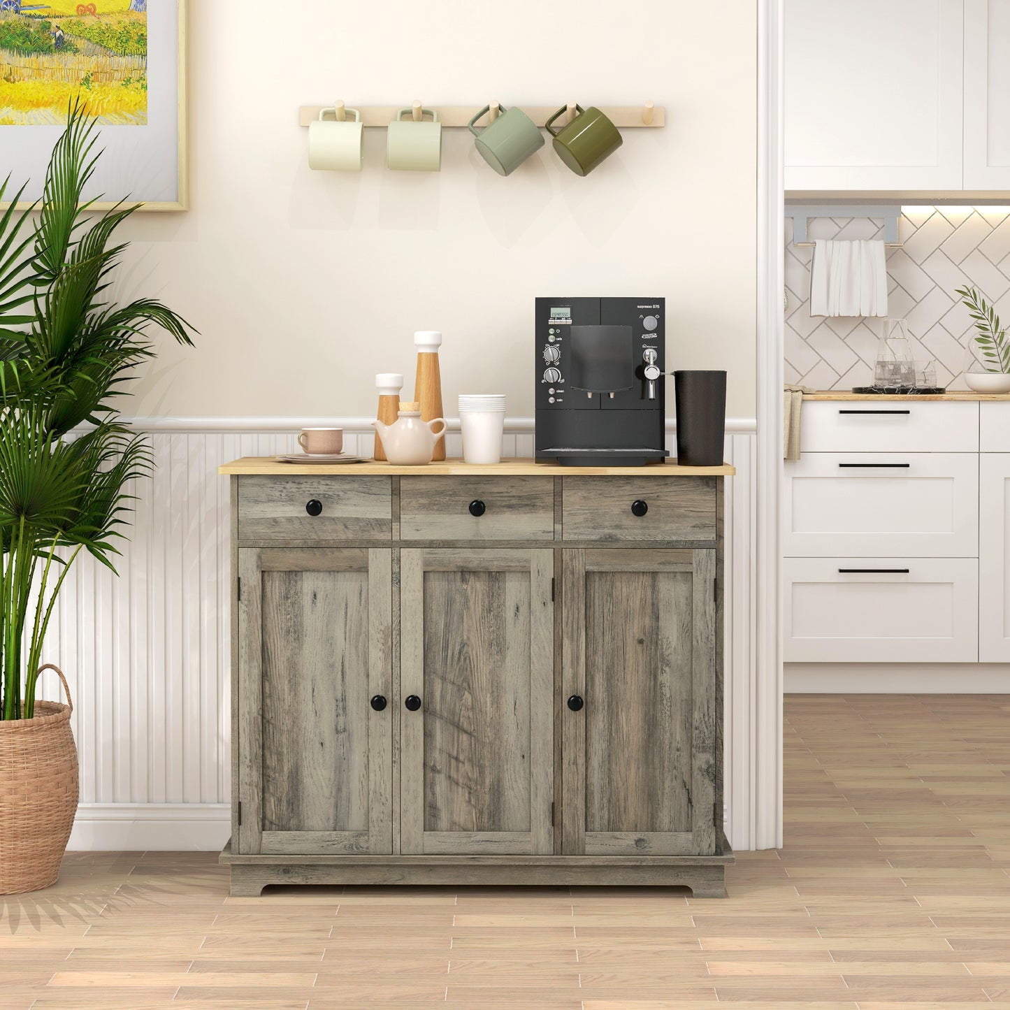 HOMCOM Sideboard with Rubberwood Top, Buffet Cabinet with Storage, Drawers, Adjustable Shelves for Dining Room/Kitchen, Grey Wood-Effect