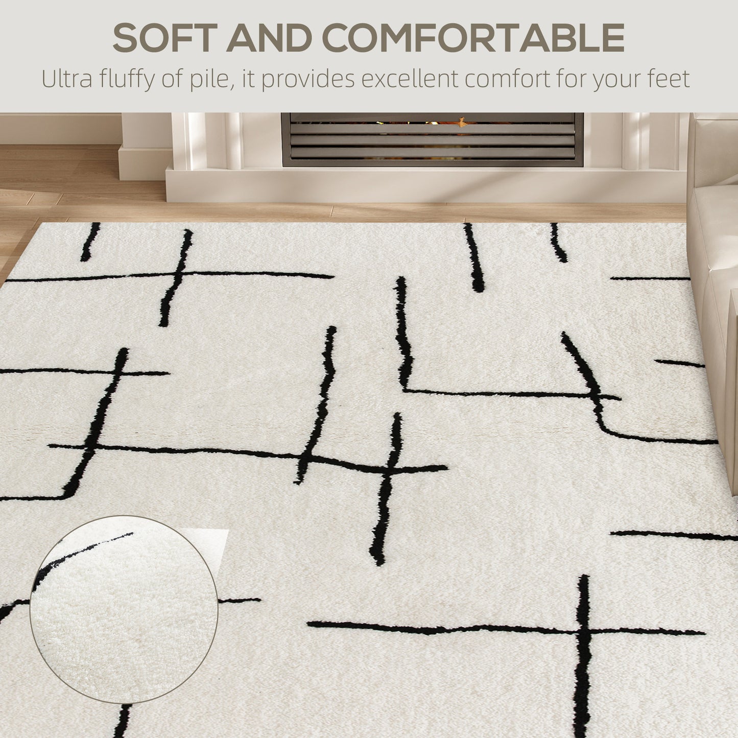 HOMCOM Fluffy Area Rug, Geometric Washable High Pile Carpet, 170x120 cm for Living Room, Bedroom, Home Office, Dining Room, Cream