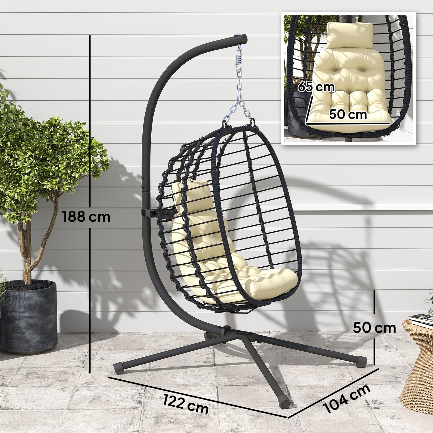 Outsunny Rattan Hanging Egg Chair, Foldable Wicker Swing with Cushion, Stand, Adjustable Height, Pillow, Steel Frame for Garden, Cream White