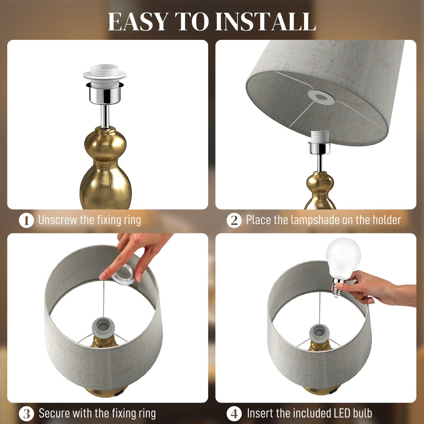 HOMCOM Bedside Lamps Set of 2, Modern Table Lamps with USB A+C Ports, 3 Colour Temps, Linen Shade for Living Room Bedroom Office, Gold Tone