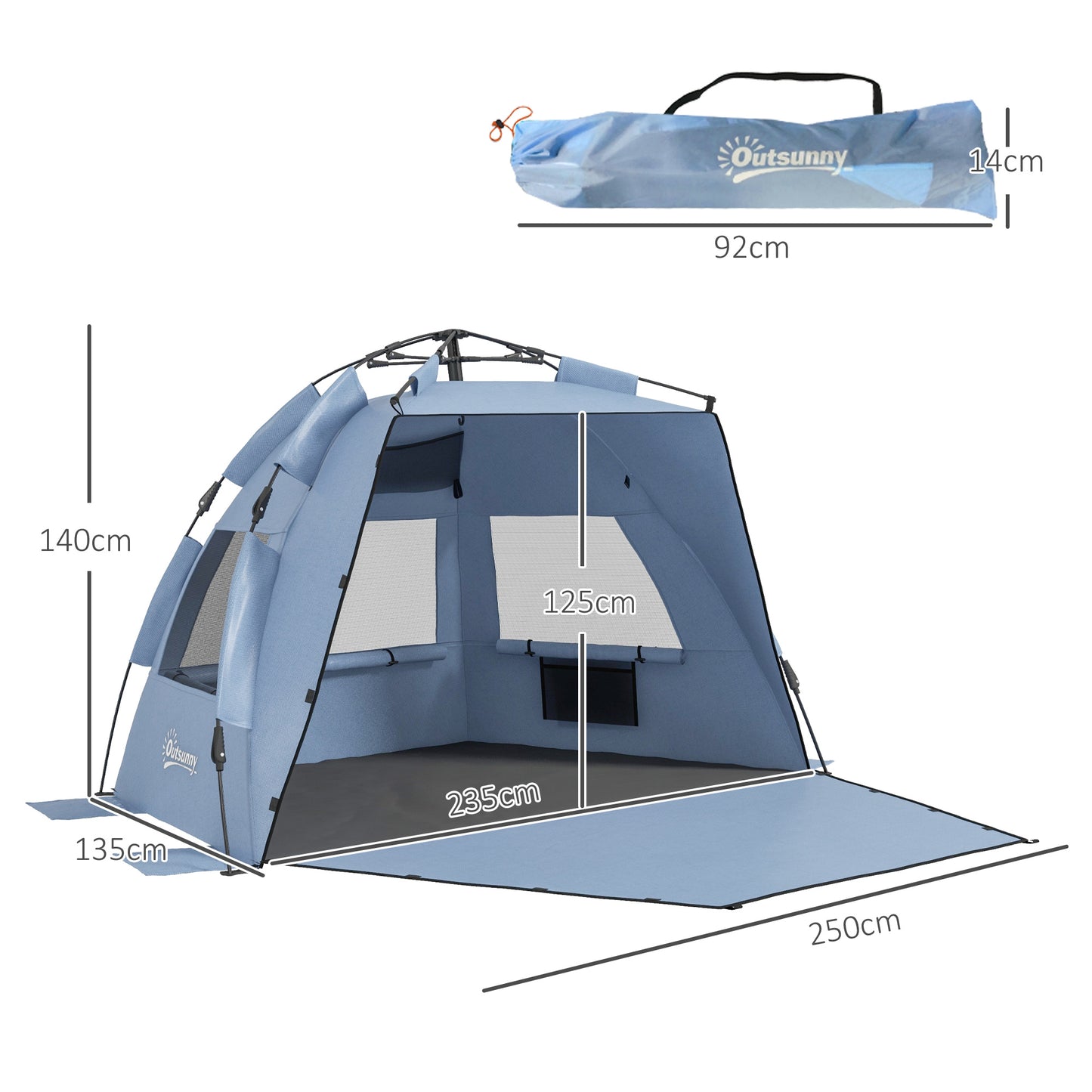 Outsunny 2-3 Person Pop Up Beach Tent Carry Bag Light Blue