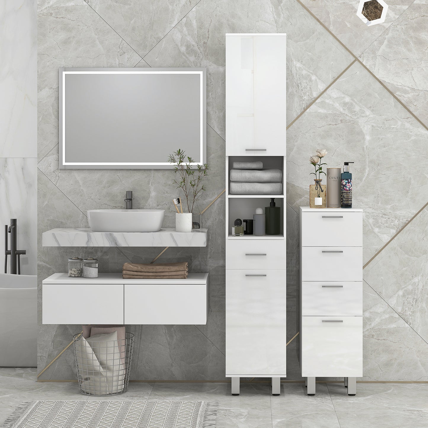kleankin Slim 71" Bathroom Storage Cabinet with Drawer, Shelves, 2 Doors, Adjustable Shelves for Kitchen, Hallway, Living Room, High Gloss White