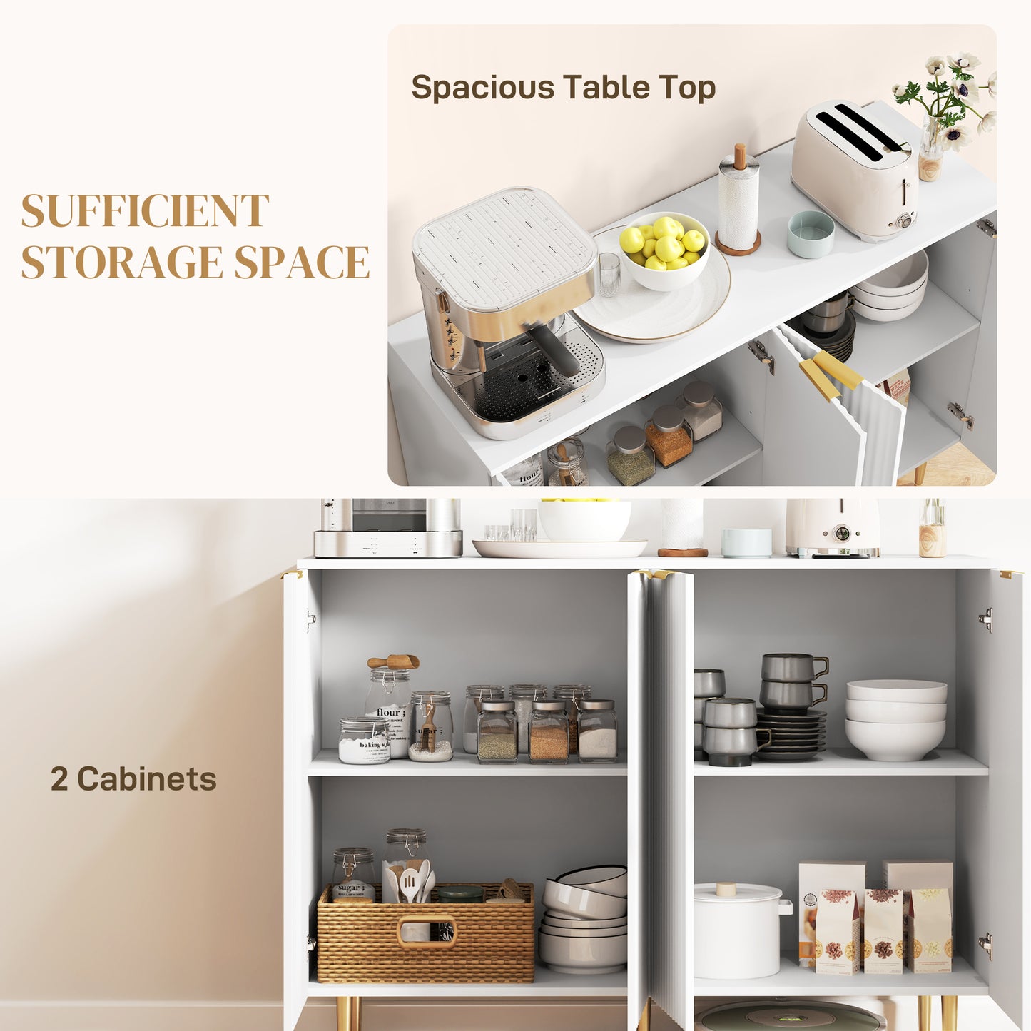 HOMCOM Sideboard Buffet Cabinet, Modern Kitchen Storage with Adjustable Shelves, Metal Legs, White