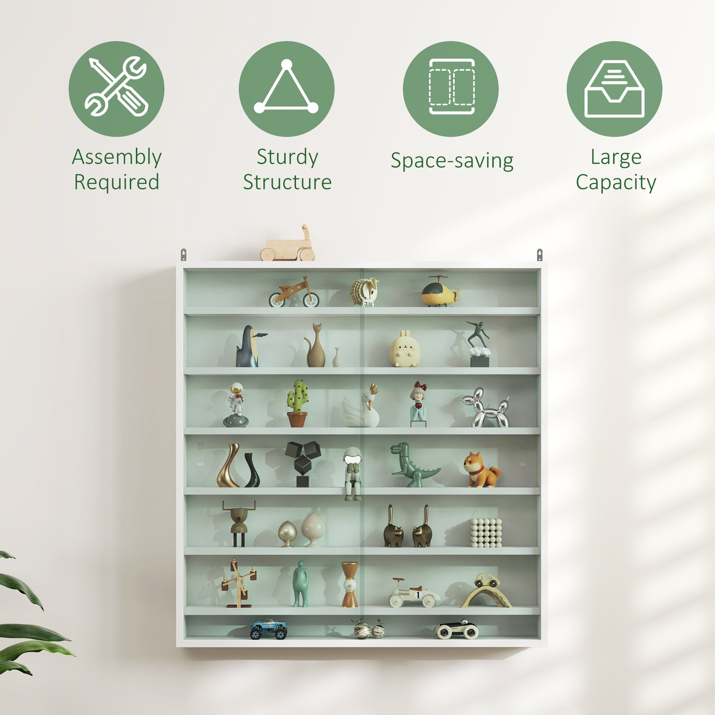 HOMCOM 7-Tier Wall Display Shelf Unit Cabinet w/ 6 Adjustable Shelves Glass Doors Home Office Ornaments 83x80cm, White