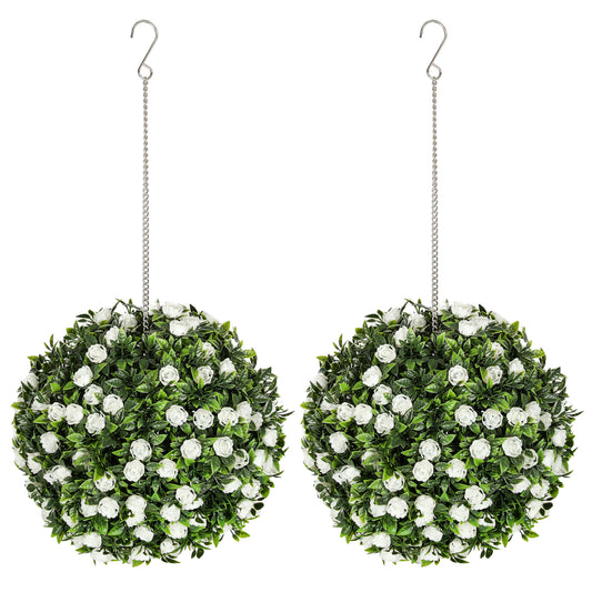 HOMCOM Set of 2 Artificial Plants, UV-Protected Topiary Rose Balls, 28cm, White