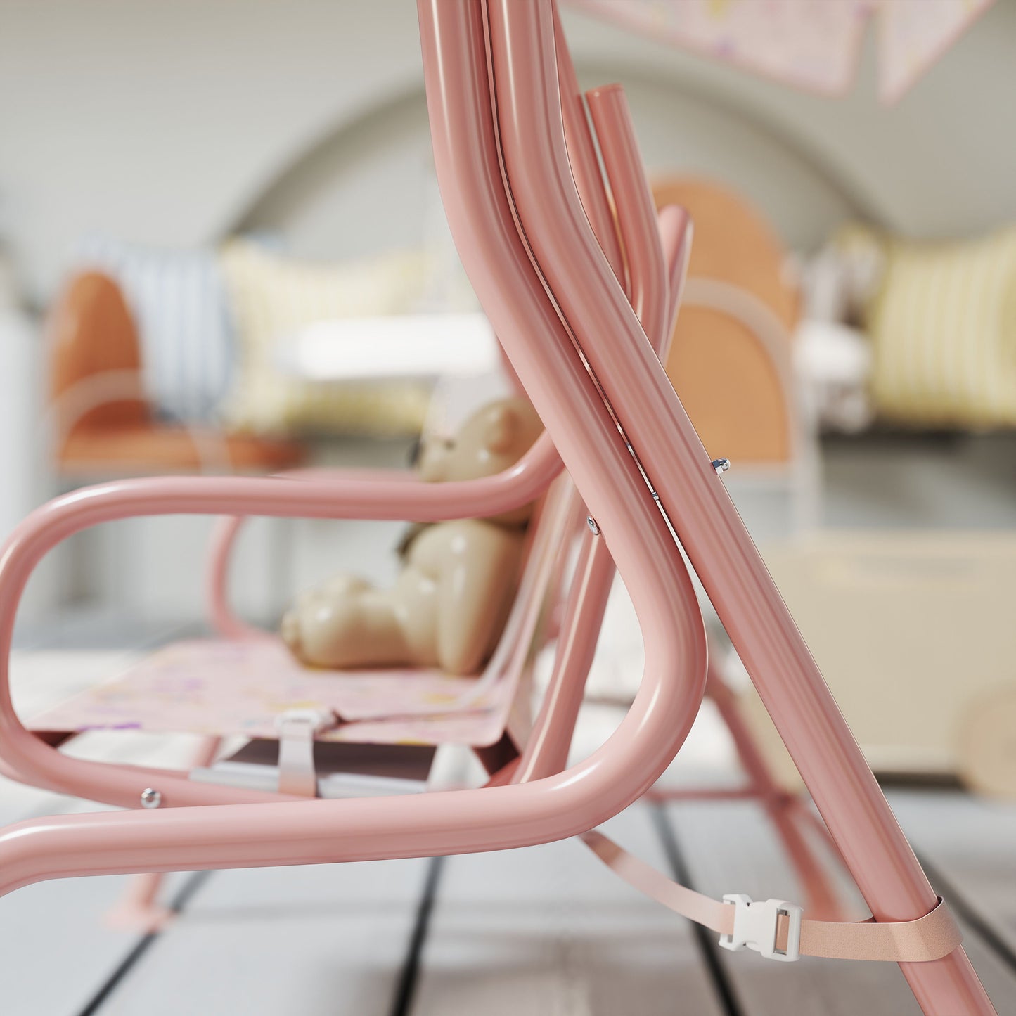 AIYAPLAY Kids Garden Swing Chair with Adjustable Canopy, Safety Belt, 2 Seater Hammock Swing Bench for Patio, Porch, Pink