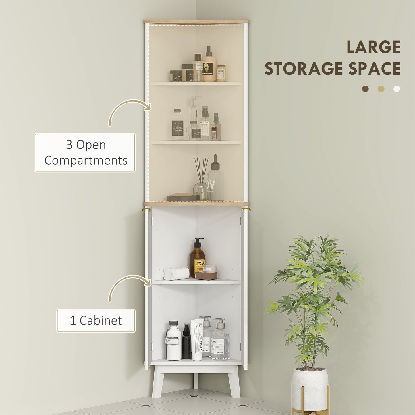 HOMCOM Tall Bathroom Storage Cabinet, Slim Unit with Doors & Adjustable Shelves, Freestanding Curved Design, White