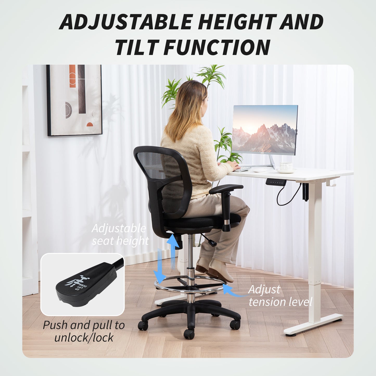 HOMCOM Drafting Chair with Adjustable Armrests, Ergonomic Mesh Back, Lumbar Support, Height & Footrest Adjustments for Standing Desk, Black