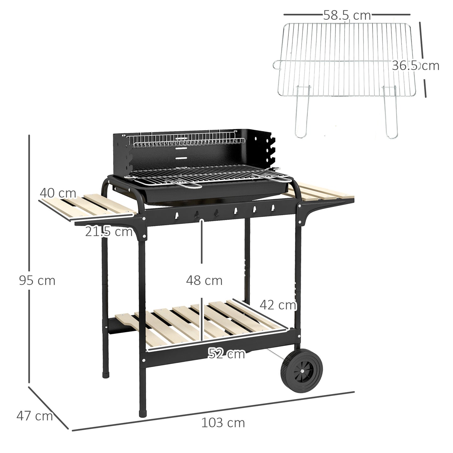 Outsunny Charcoal BBQ Grill, Adjustable Height, Portable Trolley with Ash Catcher & Wheels for Garden Parties, Black