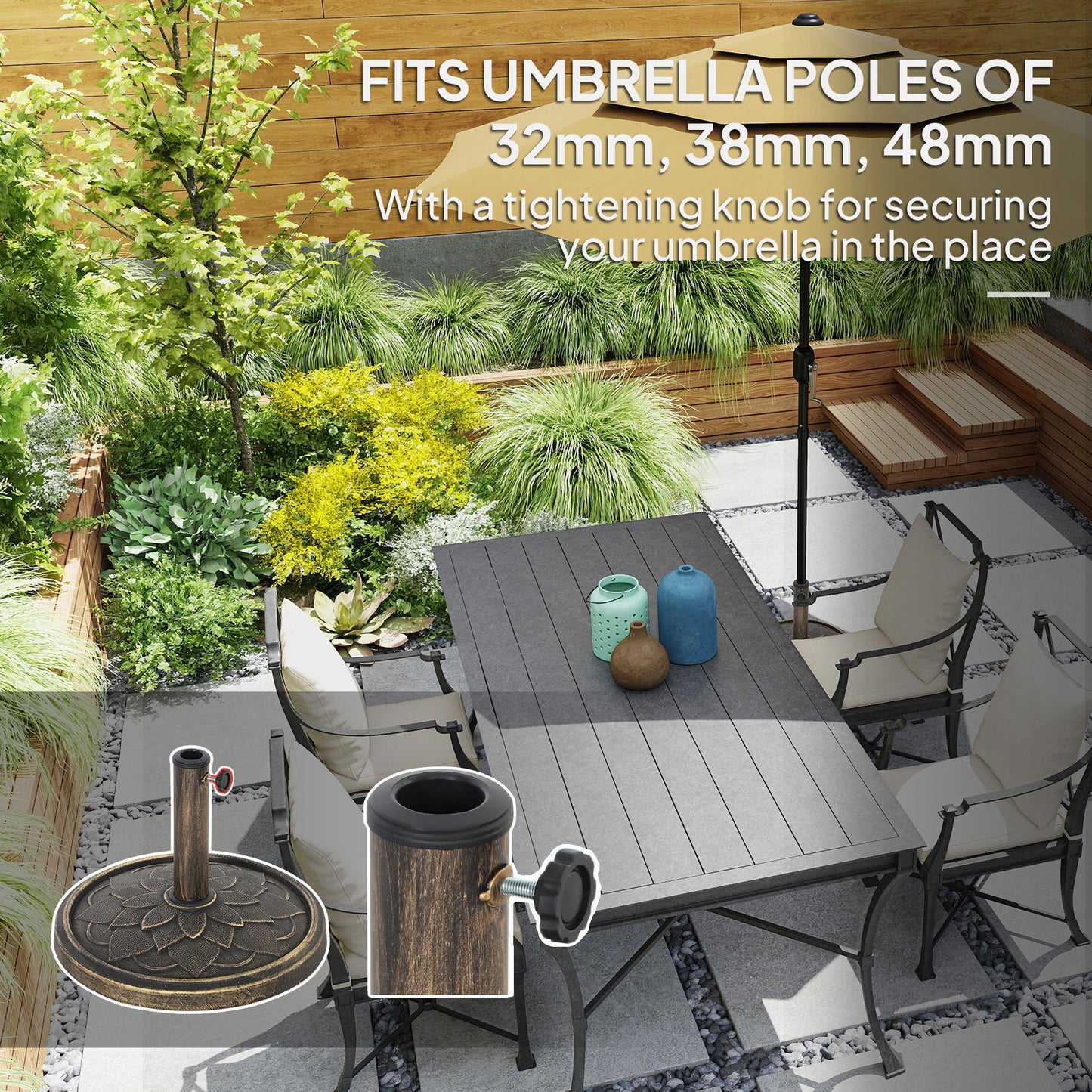 Outsunny 12kg Resin Garden Parasol Base, Heavy Duty Round Umbrella Base for 32-48mm Poles, Bronze Tone