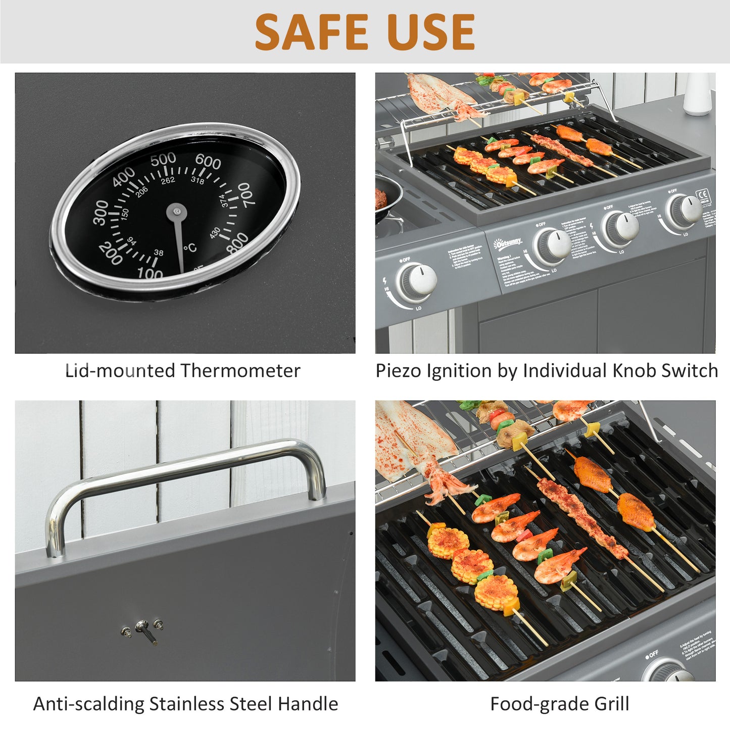 Outsunny 3+1 Burner Gas BBQ Grill, Outdoor Trolley with Wheels, Warming Rack, Side Shelves, Thermometer, Cabinet, 110Lx50Wx100Hcm, Grey