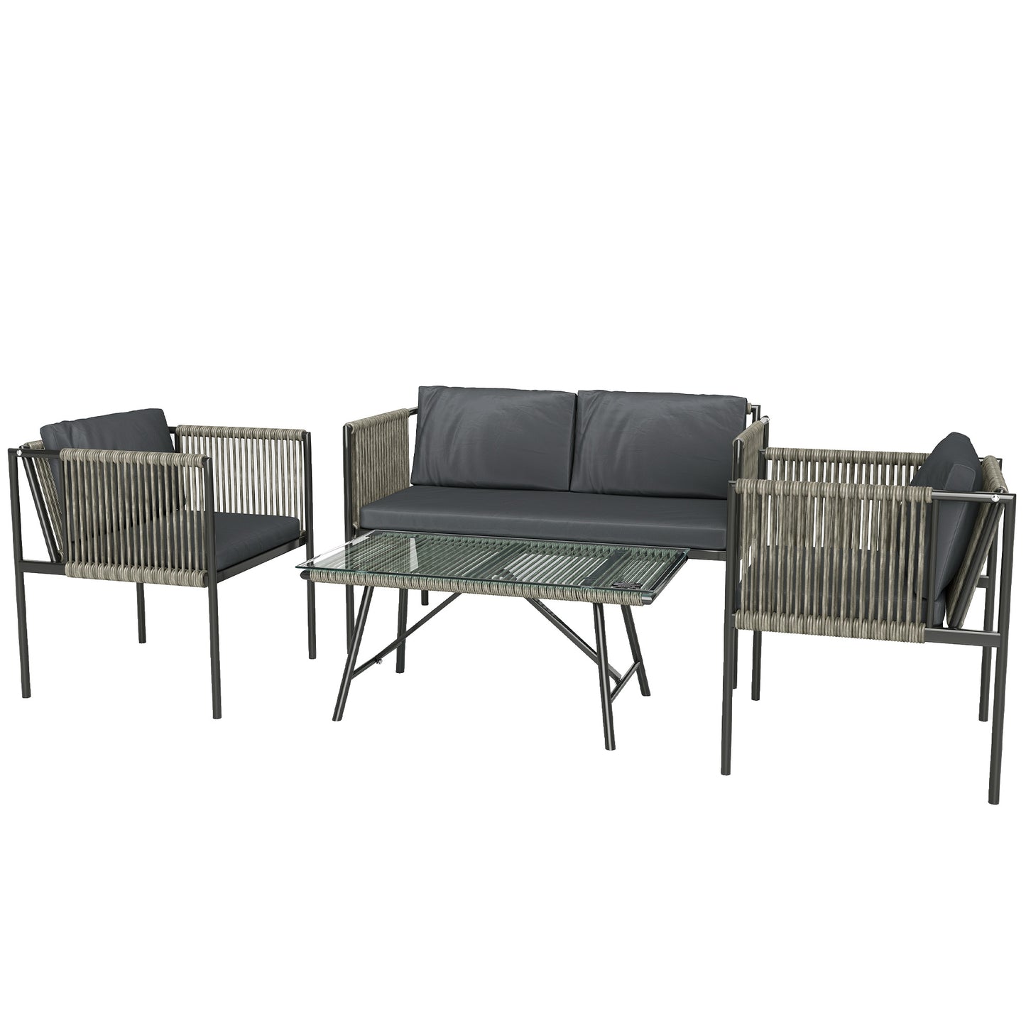 Outsunny 4 Piece Rattan Garden Furniture Set, 4 Seater Wicker Outdoor Set with 2 Armchairs, Loveseat, Coffee Table & Cushions, Grey