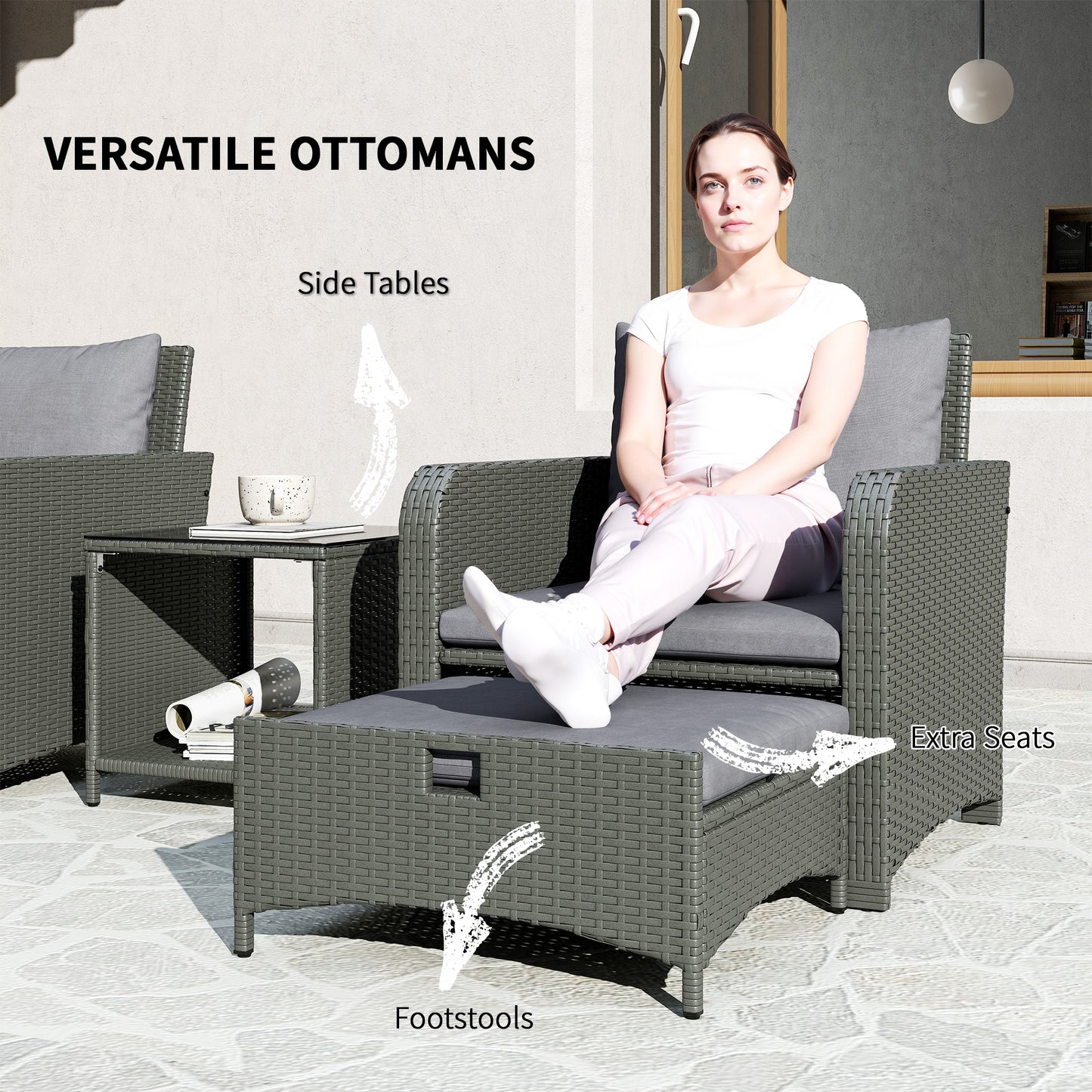 Outsunny Five Piece Rattan Garden Furniture Set with 2-Tier Coffee Table and Ottomans - Grey