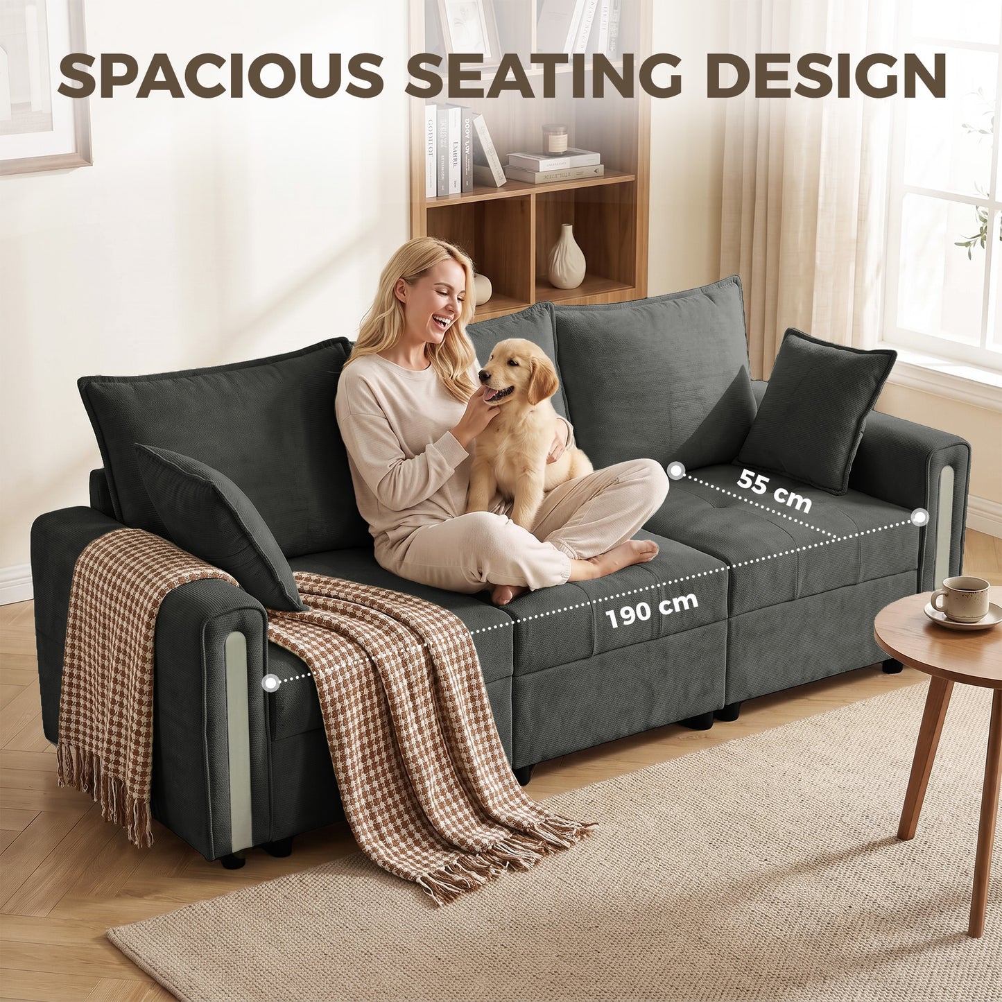 HOMCOM 3 Seater Sofa with Lift-Up Storage, 228cm Comfy Velvet Couch with Wide Deep Seat, Dark Grey