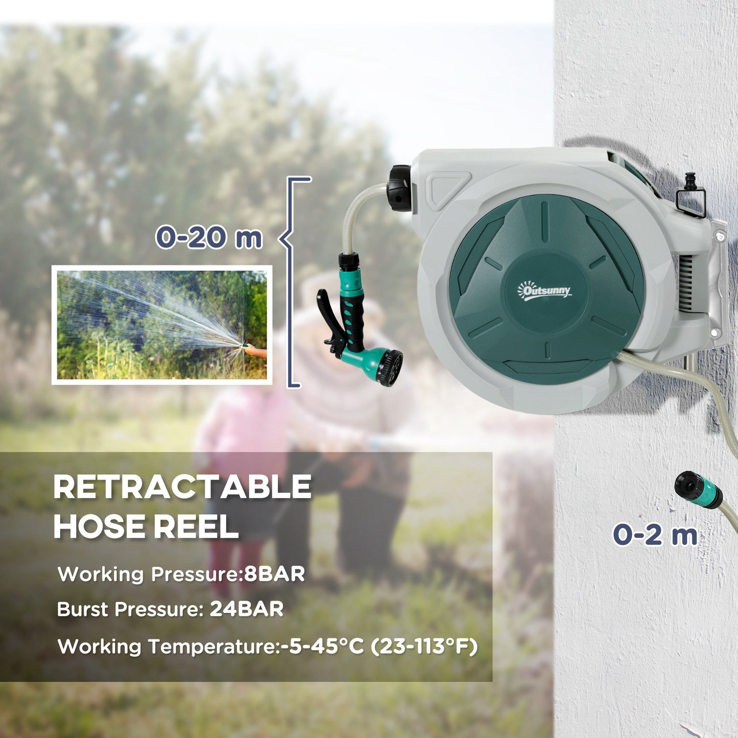 Outsunny Retractable Hose Reel, 20+2m, 7 Spray Nozzles, 180° Swivel, Grey