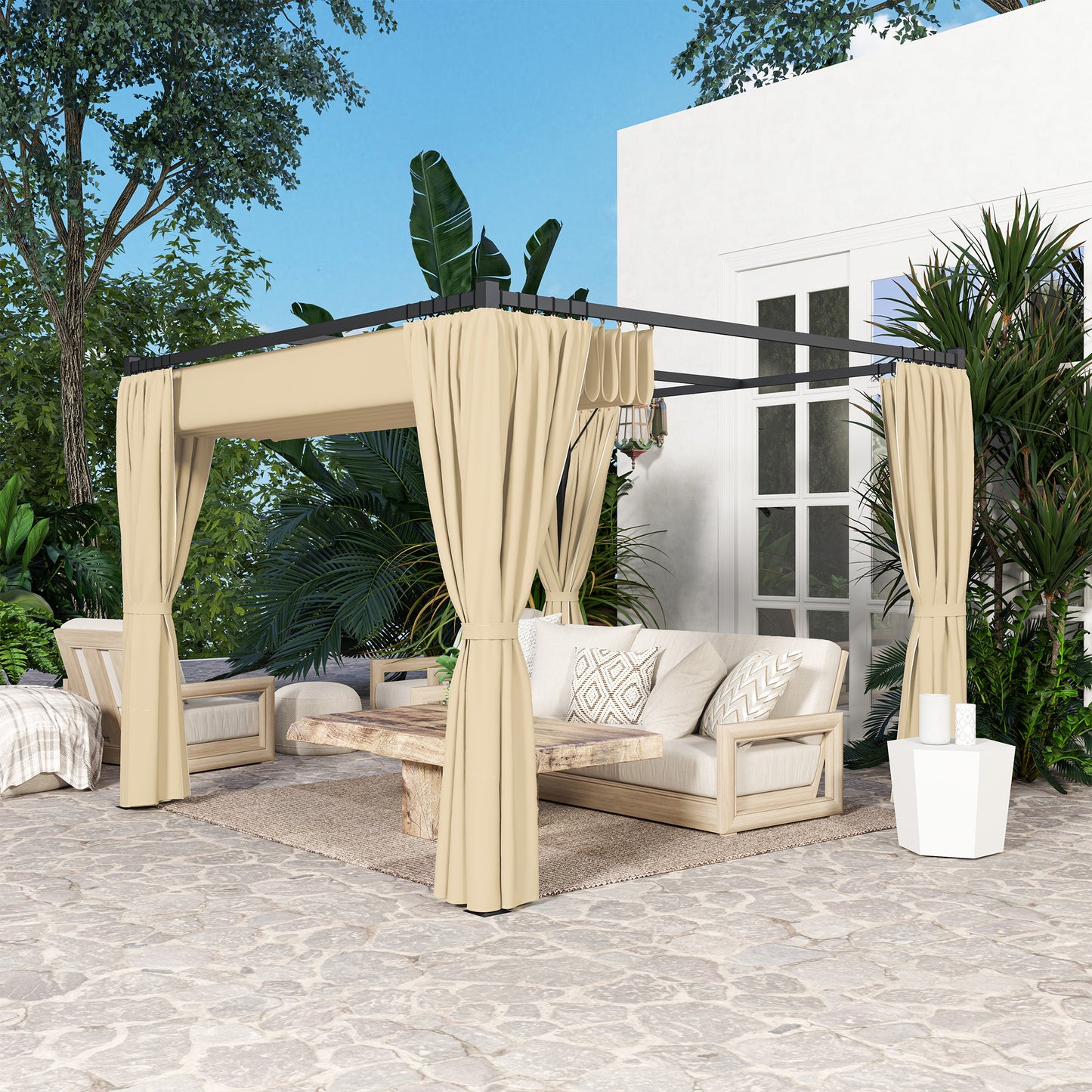 Outsunny 3 x 3m Retractable Roof Pergola, with Curtains - Khaki