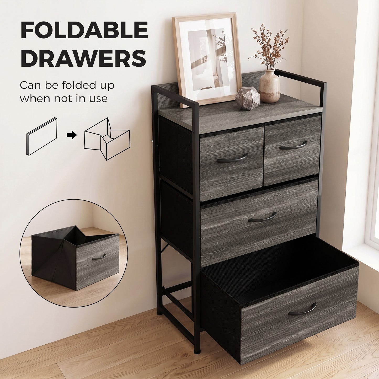 HOMCOM Rustic Chest of Four Fabric Drawers - Grey Wood Effect