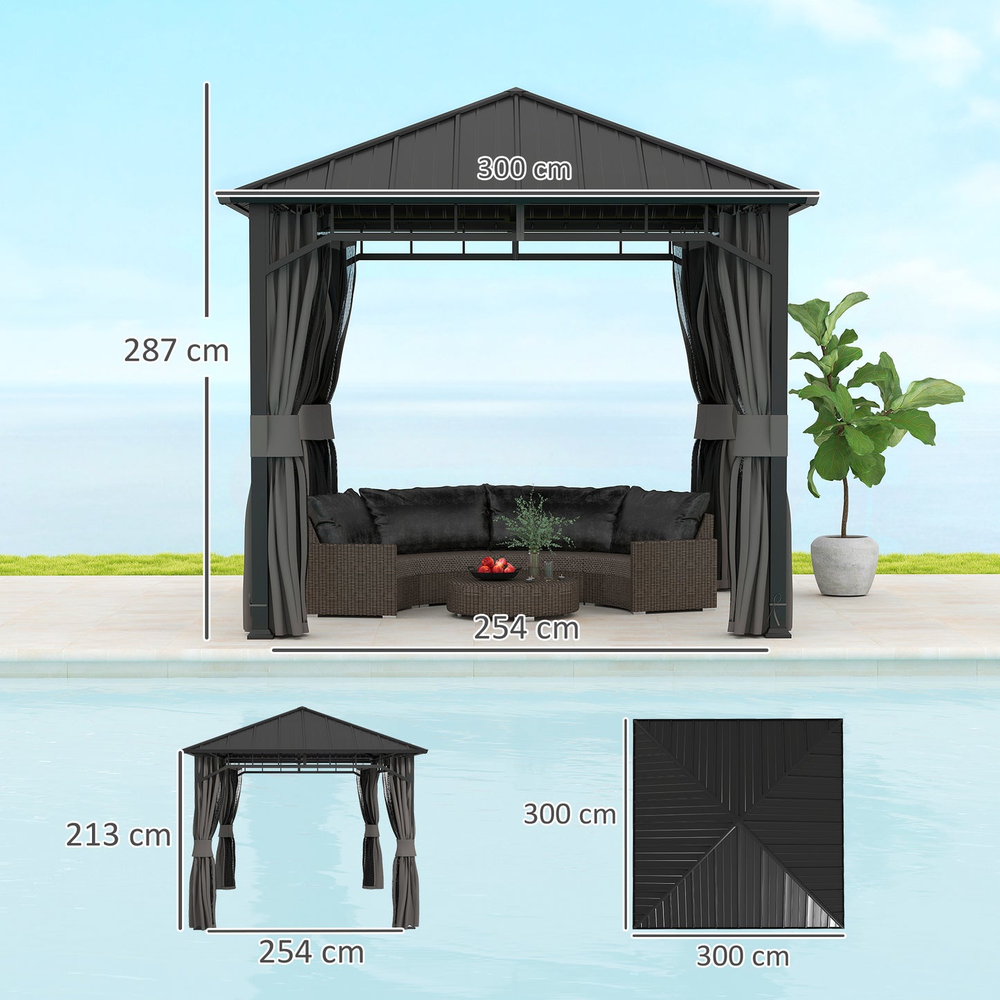 Outsunny Hardtop Gazebo, 3x3m, Steel Roof, Water Gutter, Waterproof Pavilion with Netting/Curtains for Patio/Deck, Garden Gazebo, Black