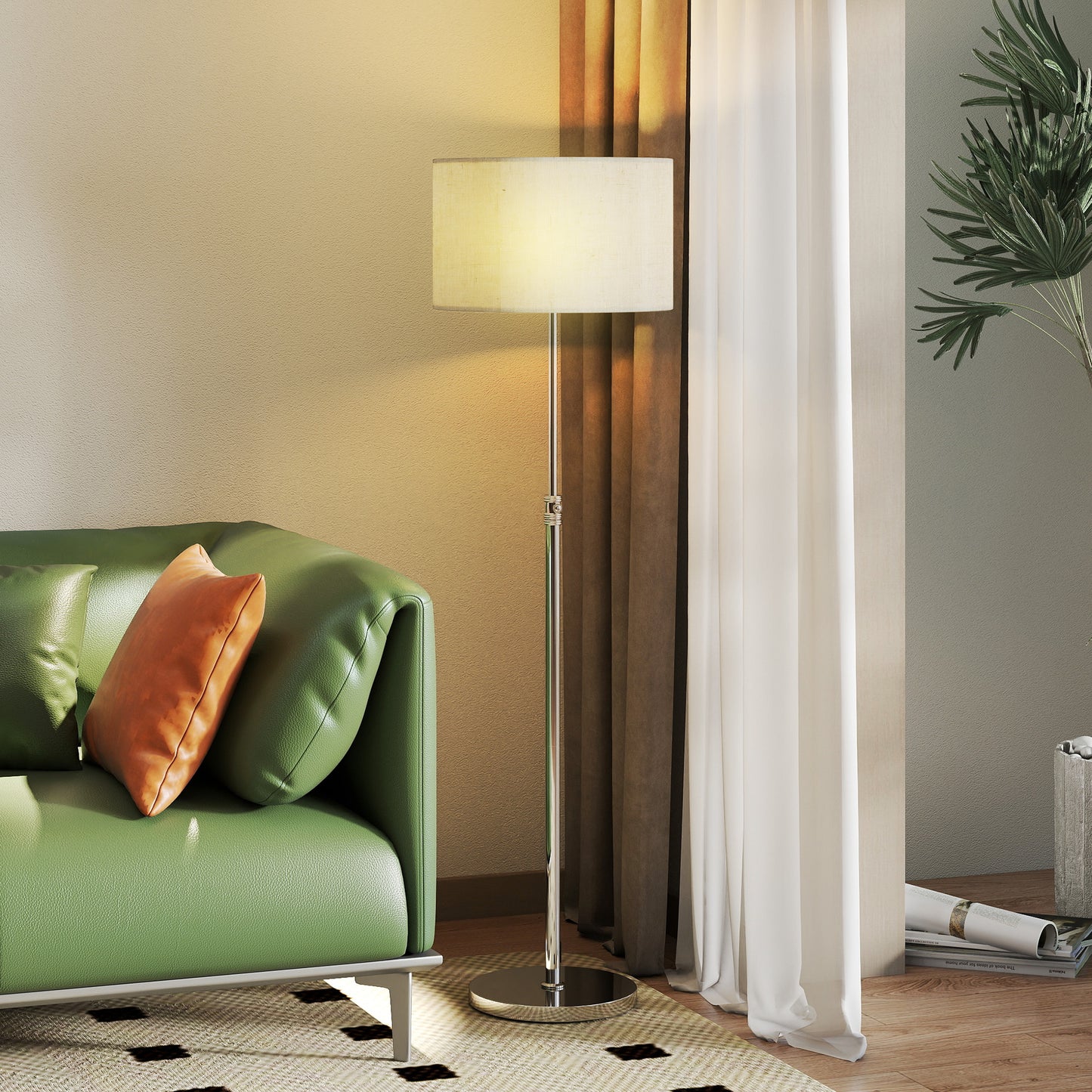 HOMCOM Floor Lamp with Remote, Height Adjustable, Linen Shade, Dimmable 3000K-6000K, Foot Switch for Living Room/Bedroom/Office, Silver Tone