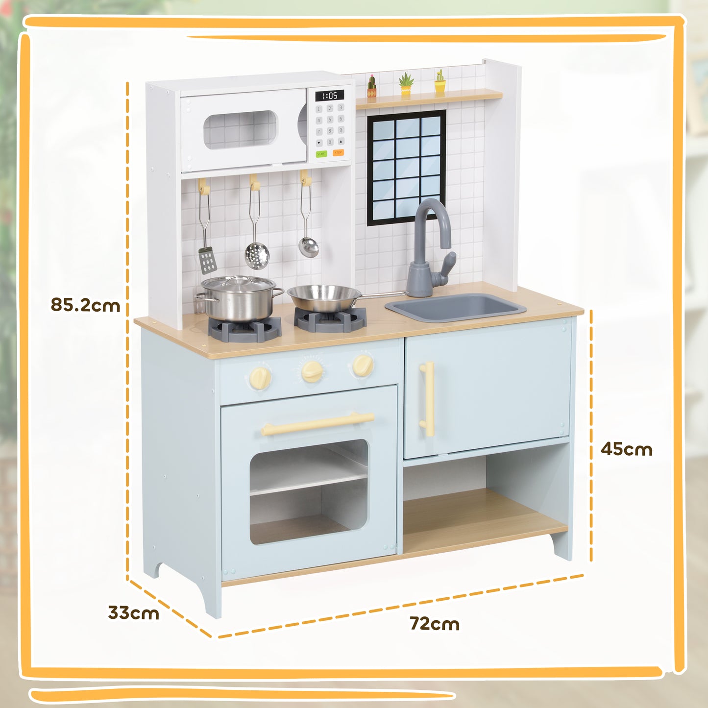 AIYAPLAY Pretend Play Kitchen, Kids Kitchen Playset with Light & Sound Stove, Turning Knobs, Cooking Accessories