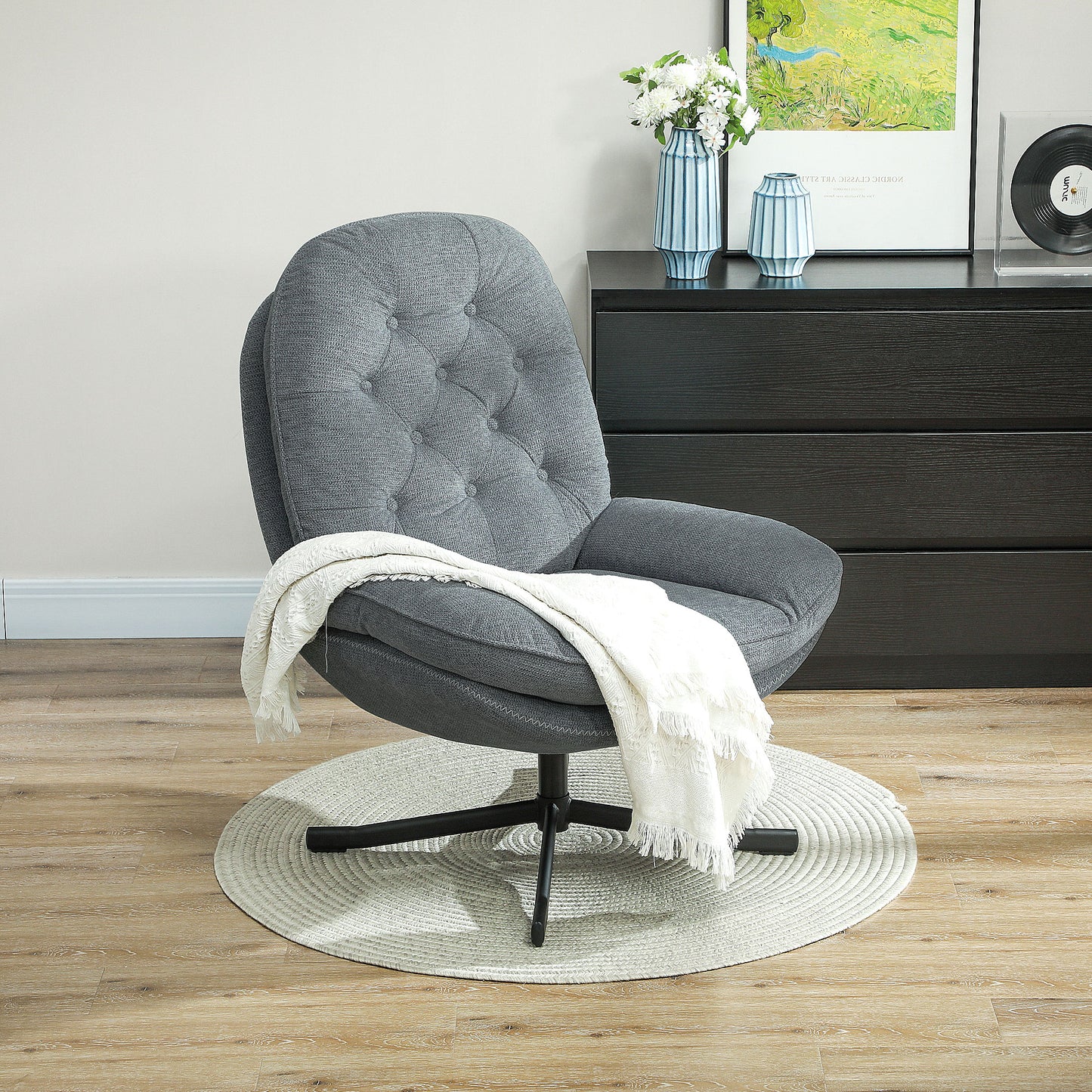 HOMCOM Swivel Armchair with Padded Seat, Water-Repellent Chenille Fabric, Grey