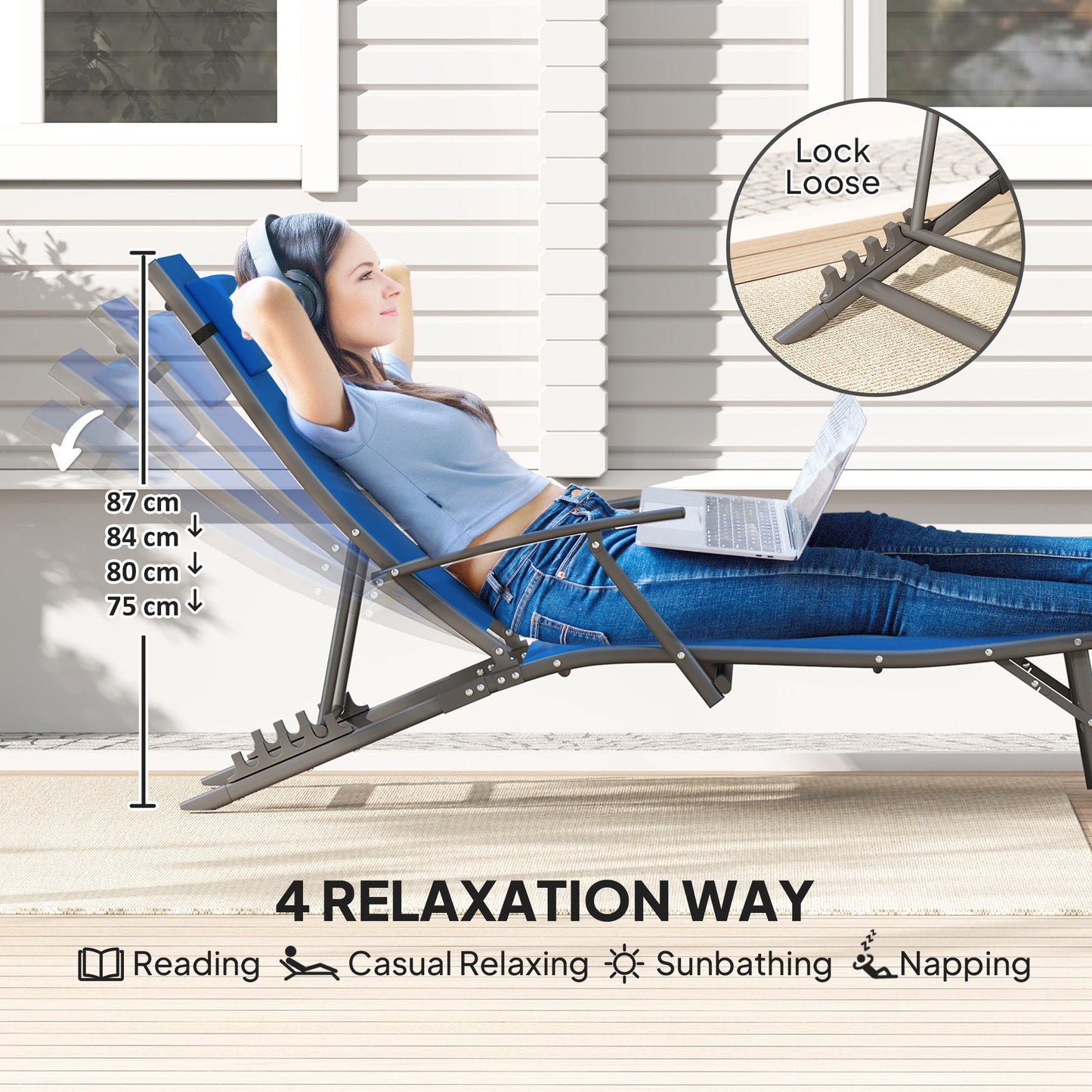 Outsunny Set of 2 Folding Sun Loungers, 4-Position Adjustable with Armrests, Pillows, Steel Frame, Blue