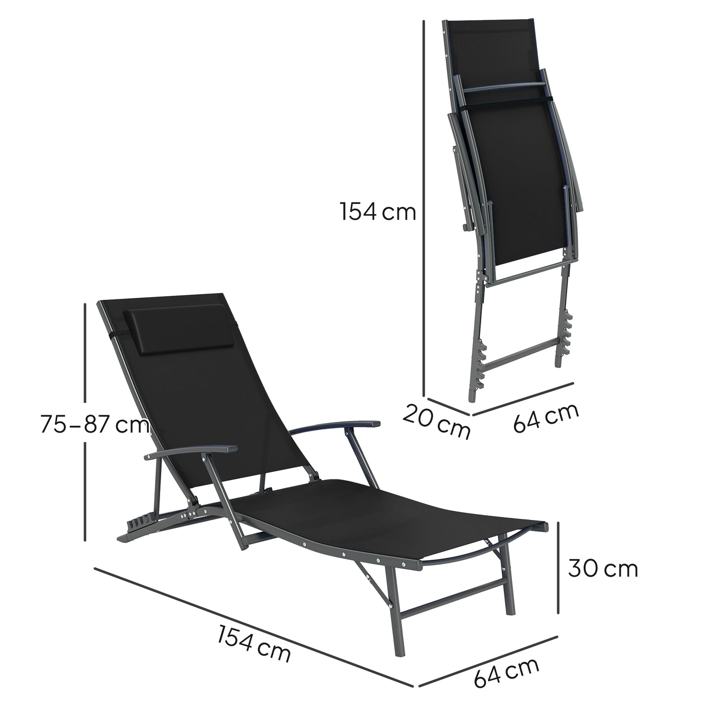 Outsunny Set of 2 Folding Sun Loungers, 4-Position Adjustable Garden Chairs with Armrests, Black