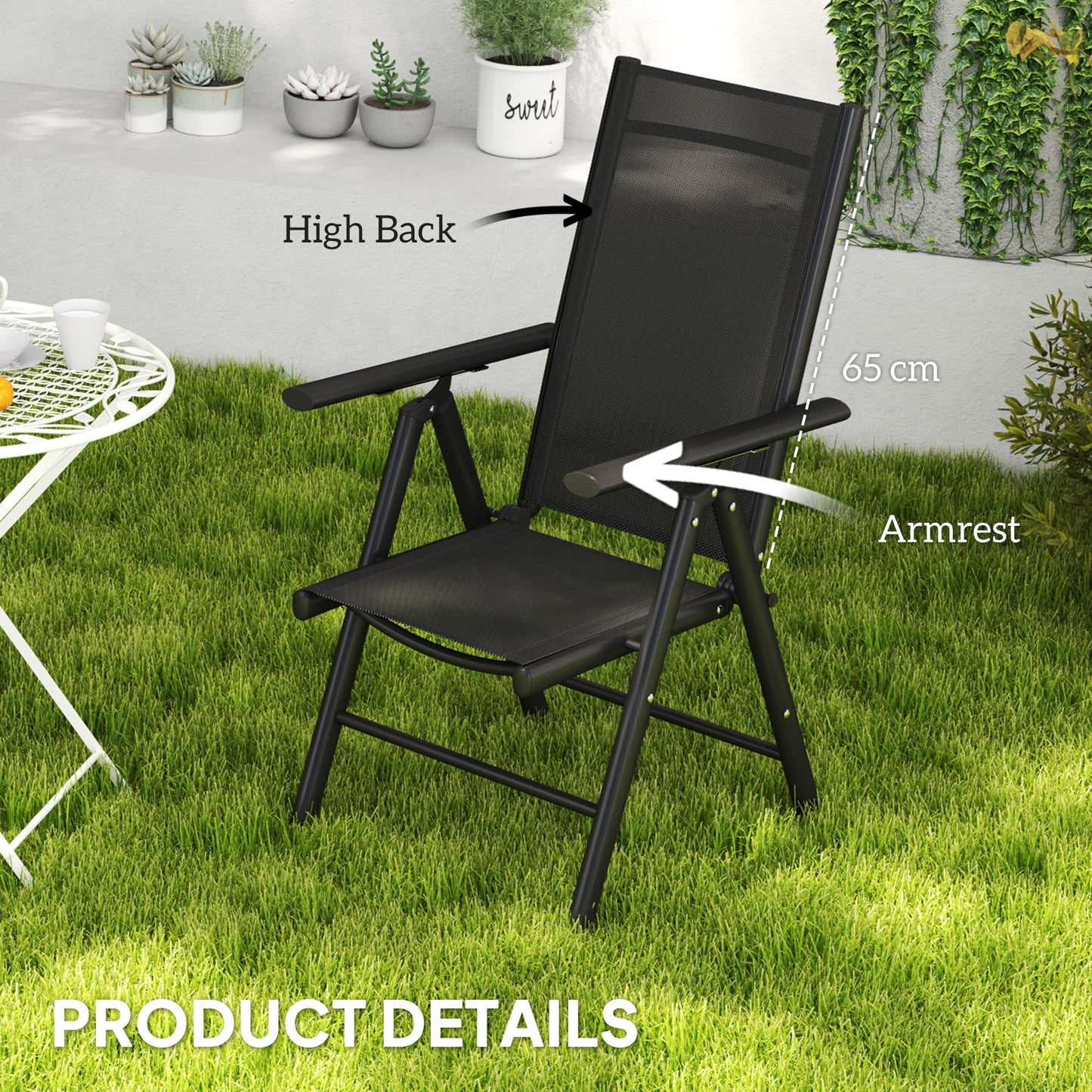 Outsunny Set of 2 Folding Aluminium Camping Chairs, Mesh Back & Seat, with Armrests for Patio, Black
