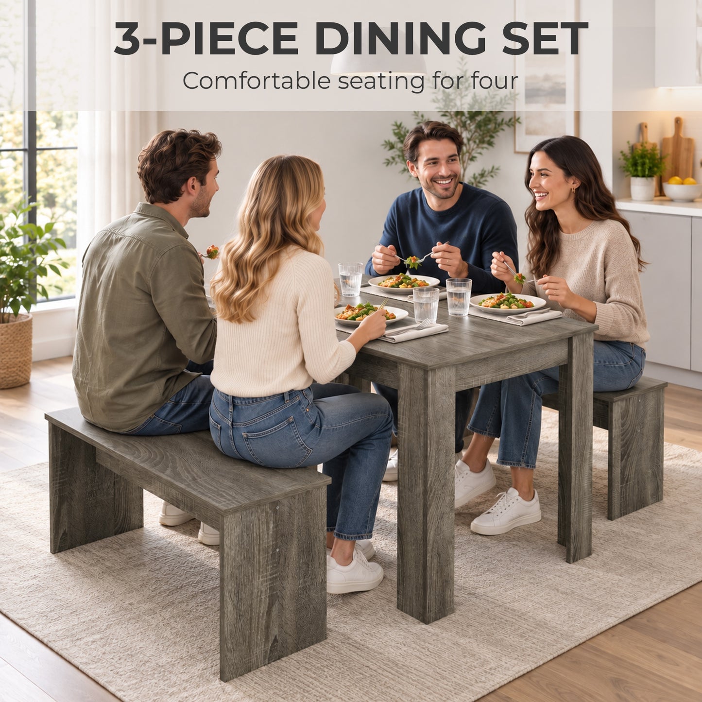 HOMCOM Kitchen Dining Table and 2 Benches Set, Table and Chairs Set for Limited Space, Grey Wood Effect