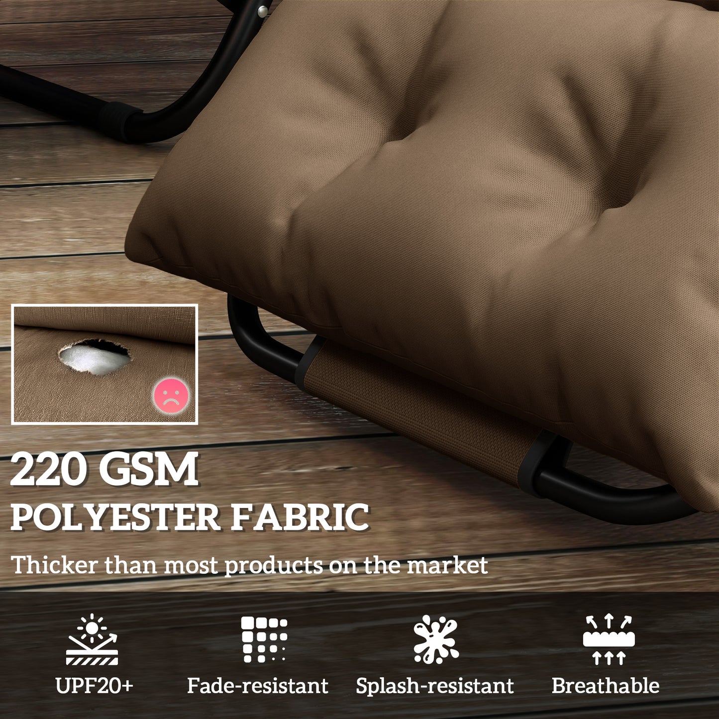 Outsunny Sun Lounger Cushions Set of 2, 190x56x10cm, UPF20+ Fabric, Thick Replacement with 6 Ties, Khaki