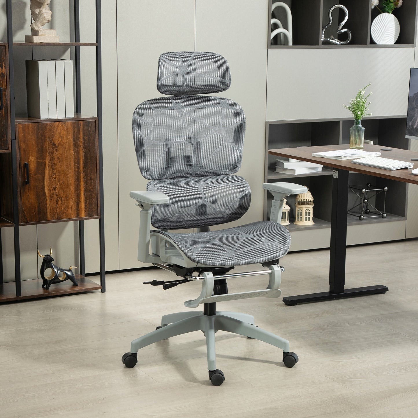 HOMCOM Executive Office Chair with Lumbar Support, Reclining Function, Headrest, Footrest, Grey