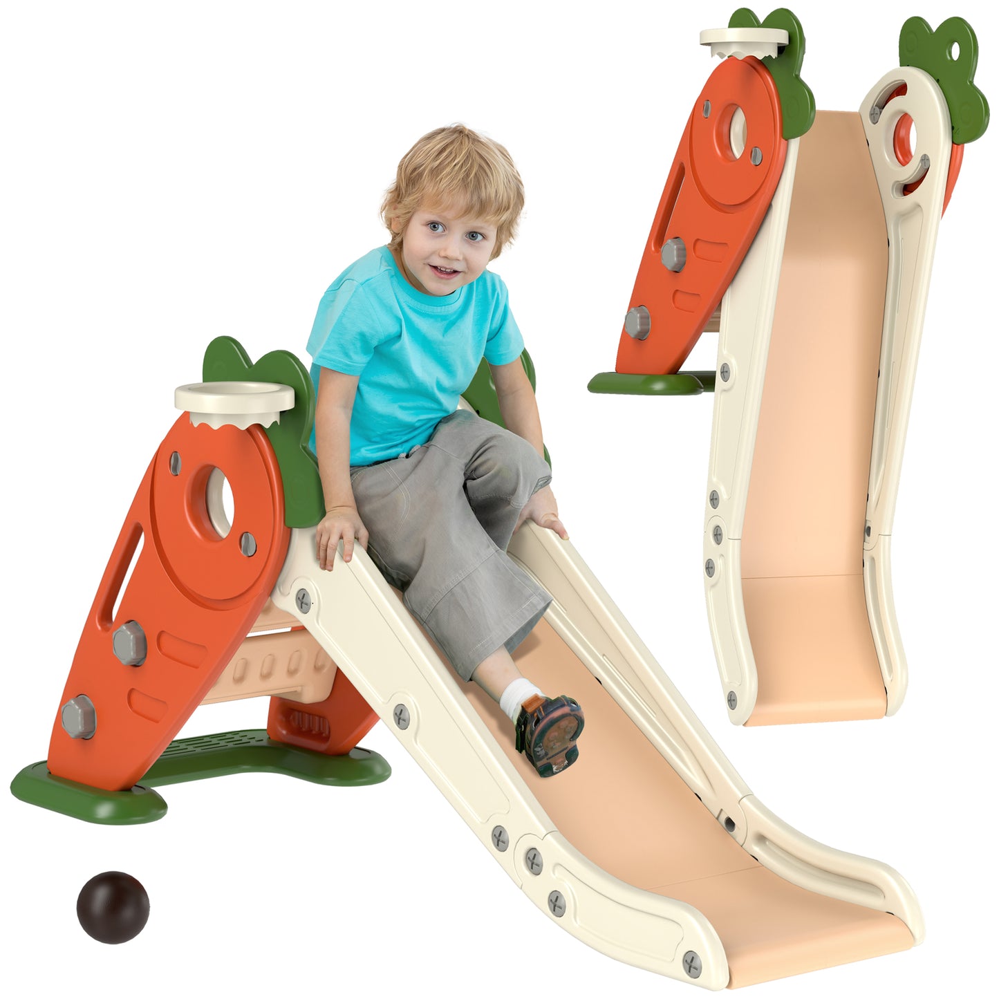 AIYAPLAY 3 in 1 Foldable Toddler Slide with Basketball Hoop, Climber, Carrot-themed for 1-3 Years