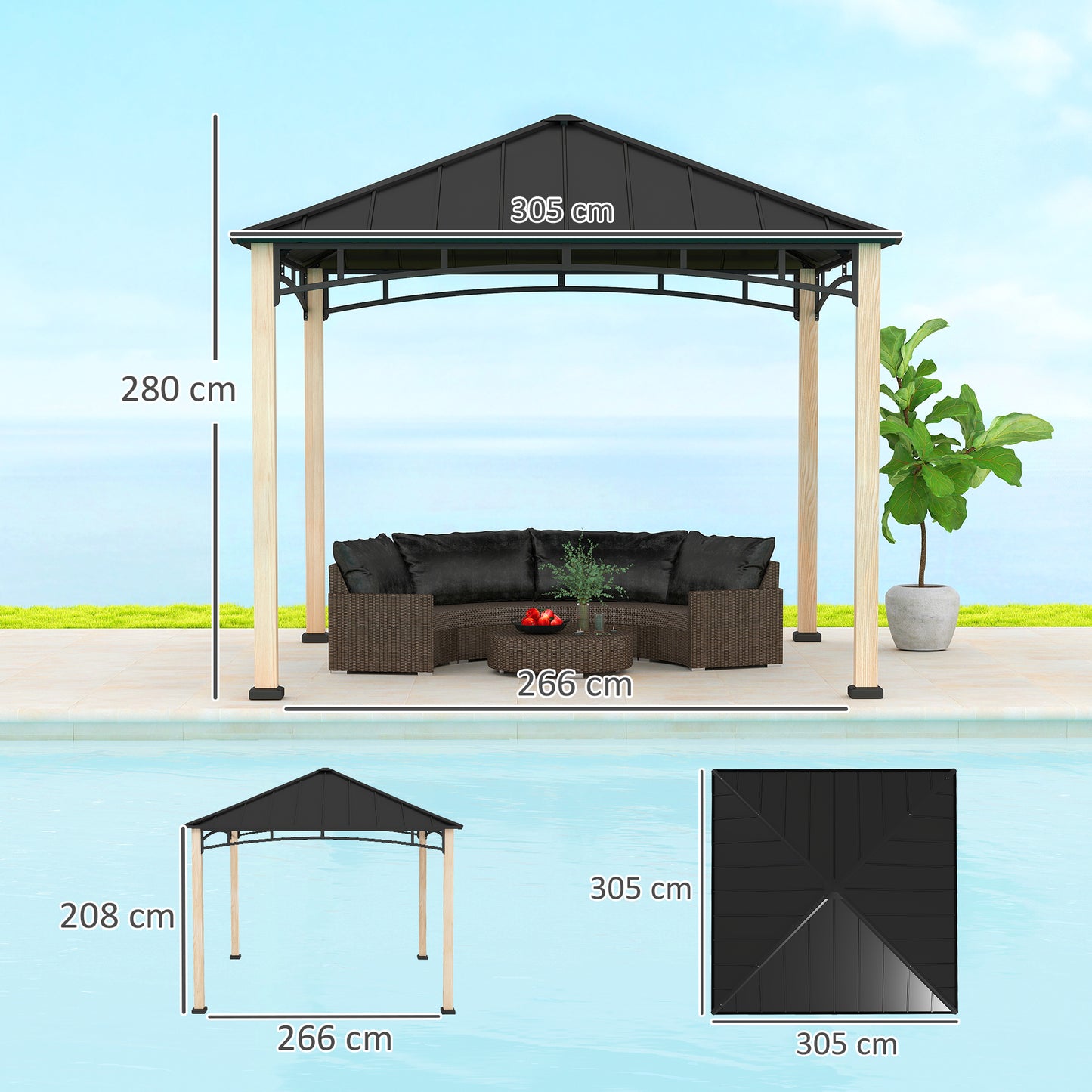 Outsunny 3x3m Hardtop Gazebo: Metal Roof, Wood Grain Columns, Top Hook for Patio/Deck Garden Use