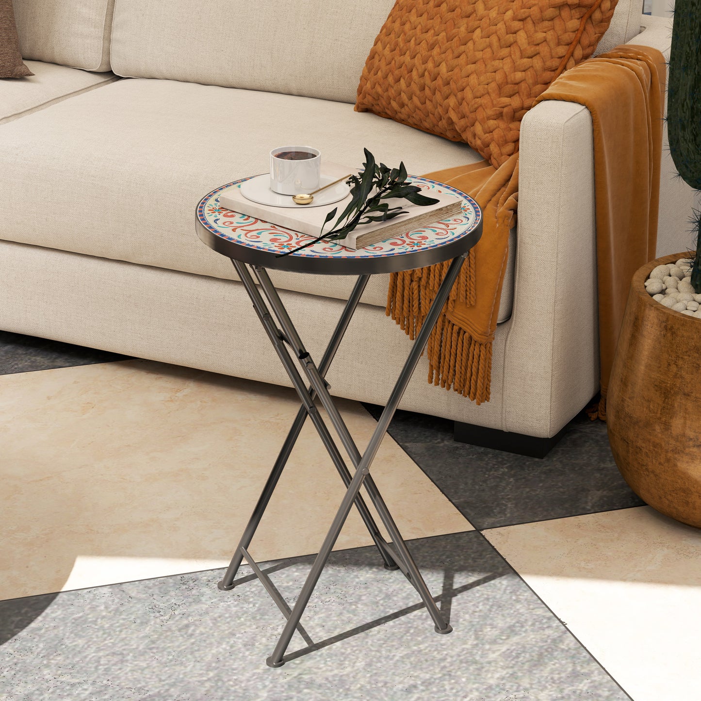Outsunny Mosaic Garden Table, 35.5cm Round Folding Coffee Table with Metal Frame, Indoor Outdoor Table for Balcony Terrace, Multicolour