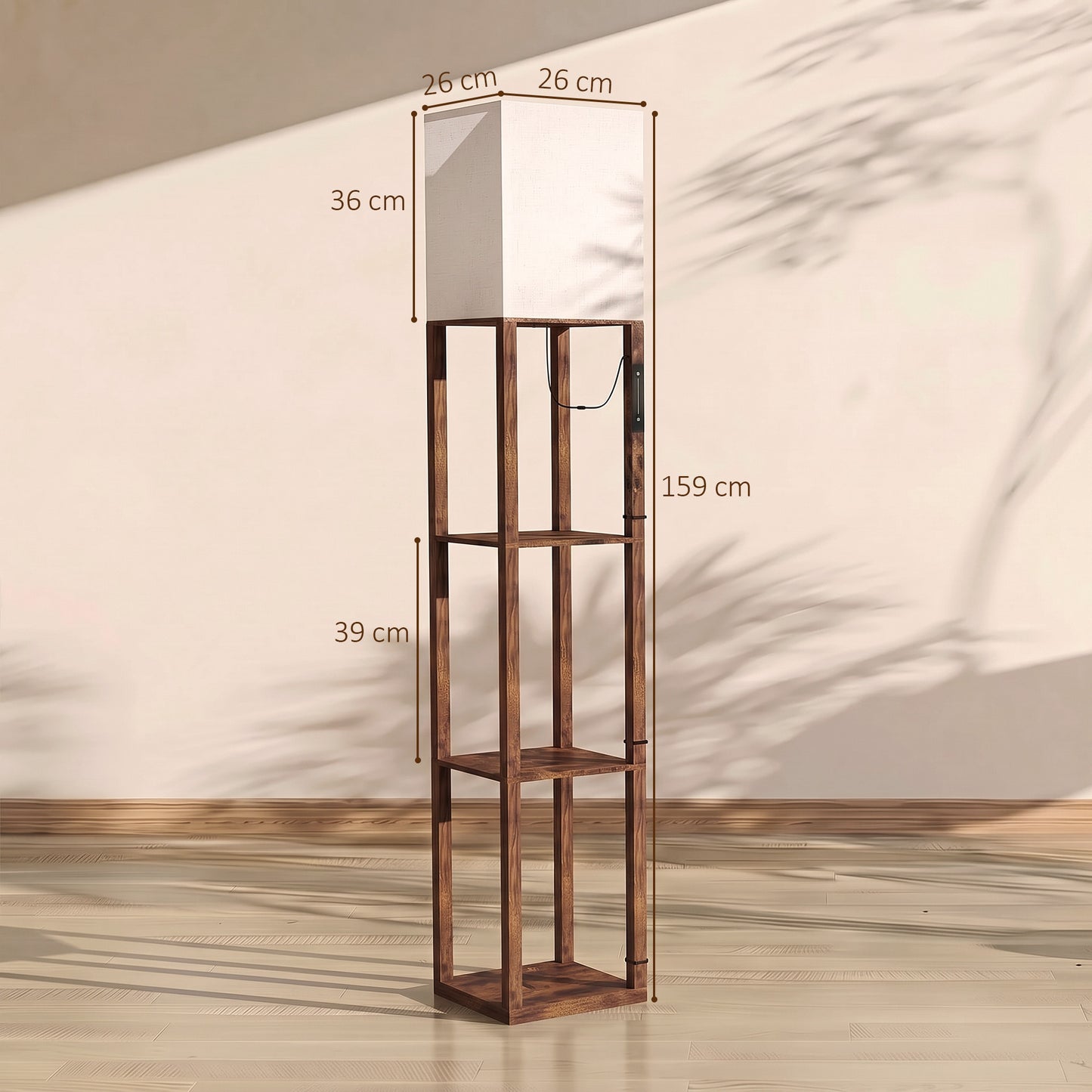HOMCOM Floor Lamp with Shelves, Modern Dimmable Standing Lamp with Fabric Shade, Adjustable Colour Temperature, Rustic Brown