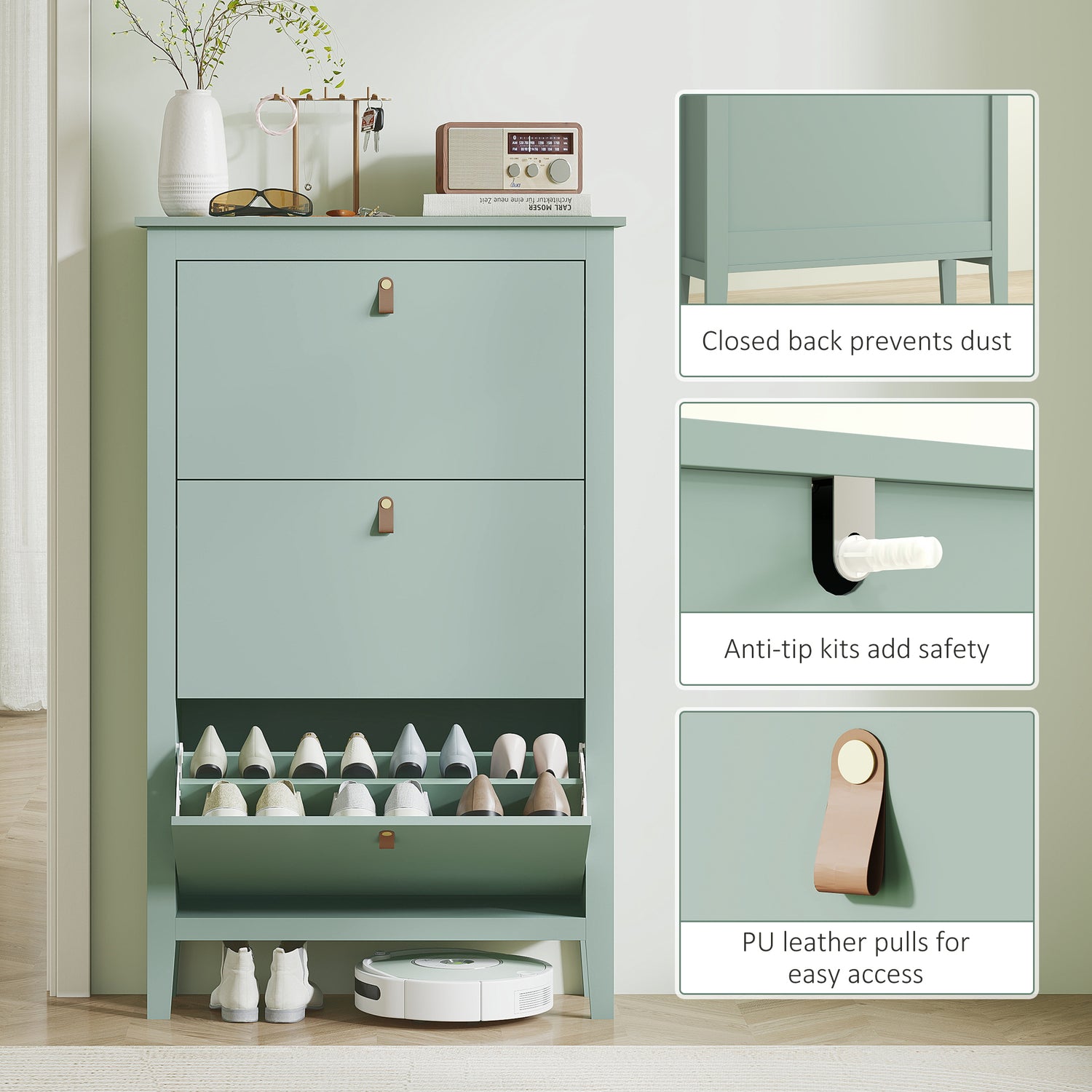 HOMCOM Modern Three-Drawer Shoe Cabinet Green –