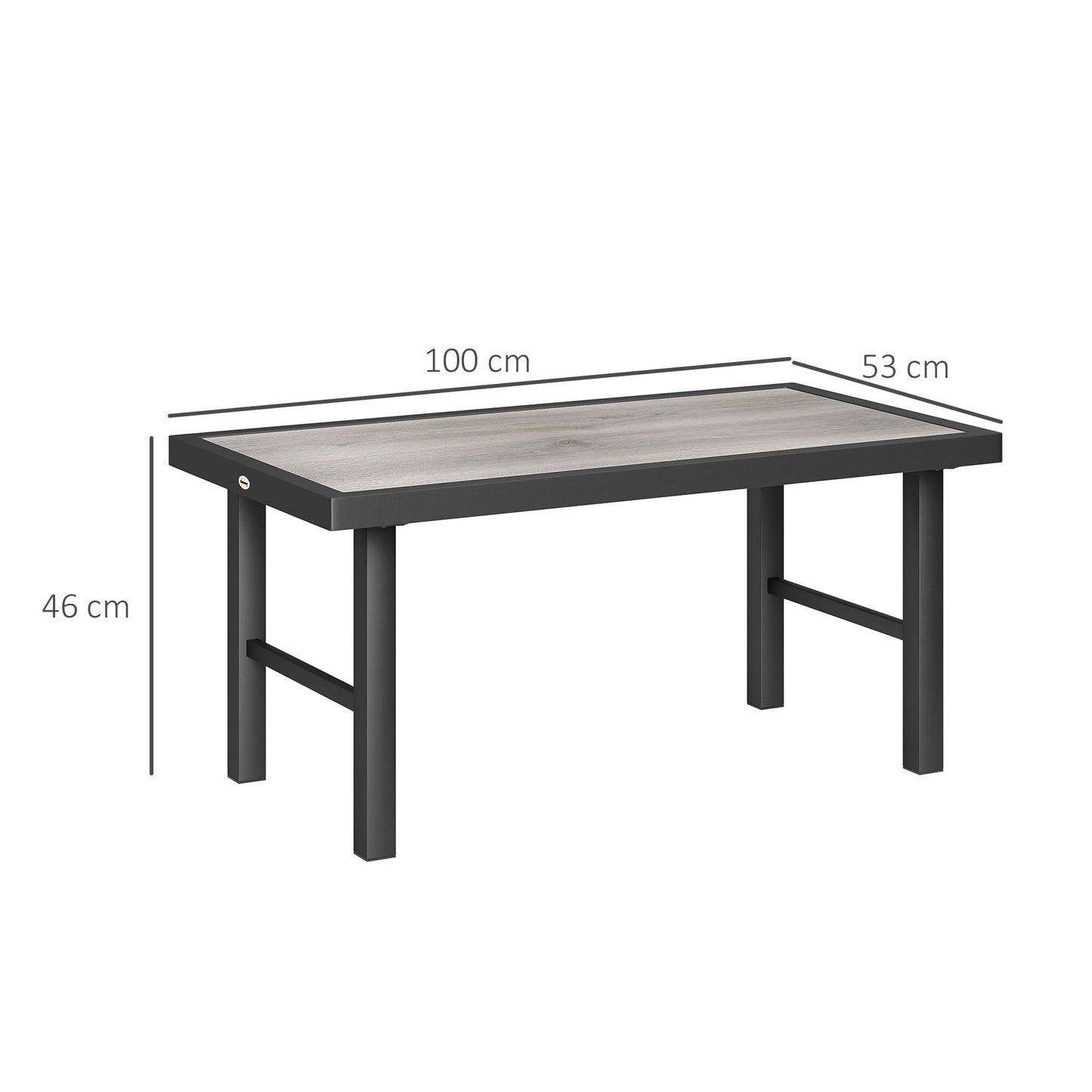 Outsunny Metal Garden Coffee Table, Outdoor Side Table with SPC Woodgrain Tabletop, 100 x 53 x 46cm, Grey Wood Effect