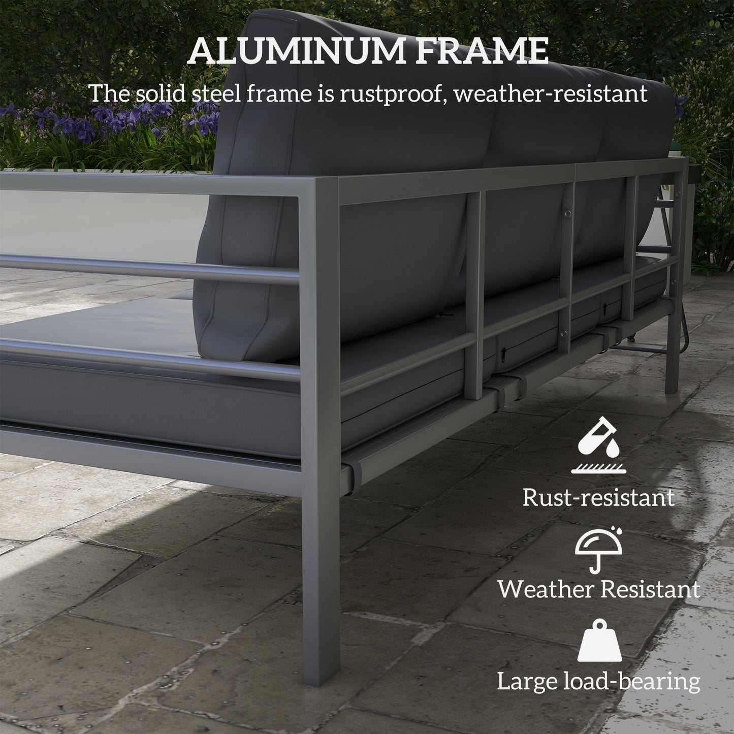 Outsunny Aluminium Three-Seater Garden Bench with Cushions - Grey