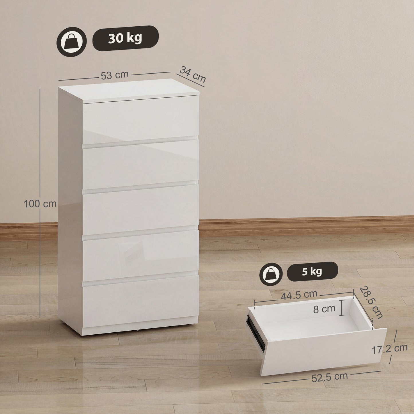 HOMCOM Chest of Drawers, 5-Drawer Storage Cabinets, Storage Drawer Unit for Bedroom