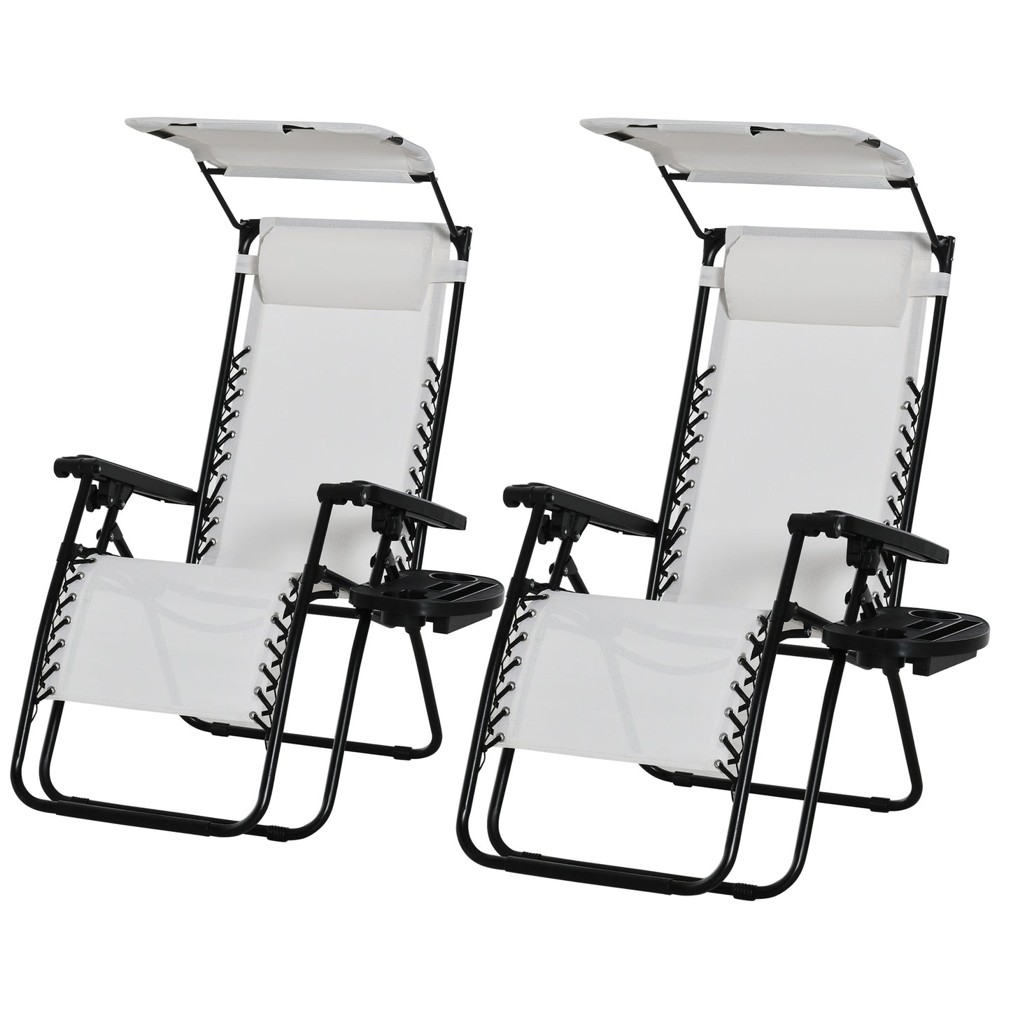 Outsunny 2 Piece Foldable Reclining Garden Chair, Zero Gravity Lounger with Headrest, Footrest, Armrest, Cup Holder & Canopy, White