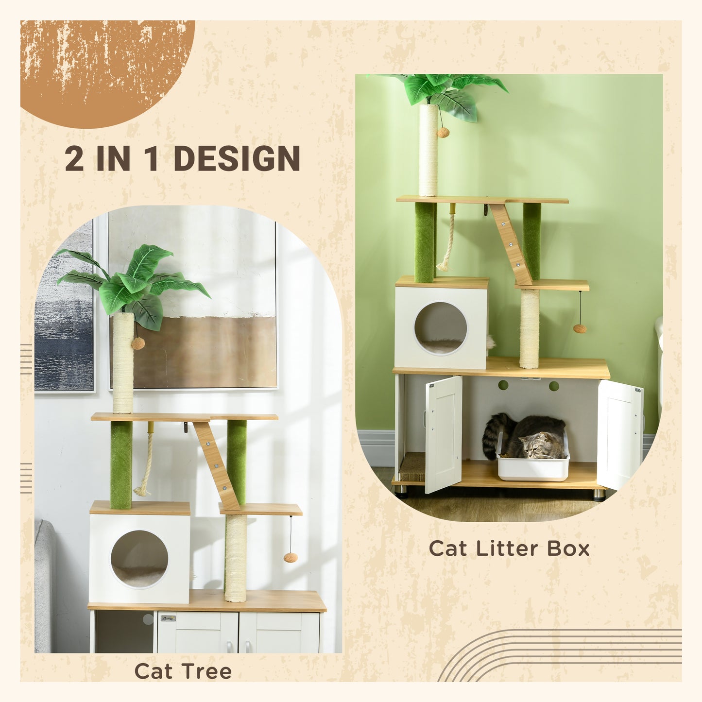 PawHut Cat Tree with Hidden Litter Box Enclosure, 2 in 1 Green Leaf Cat Tower Litter Box Furniture with House, Ladder, Scratching Posts and Platforms, for Indoor Use, Oak