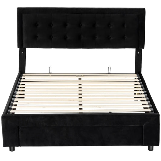 HOMCOM PU Leather King Size Ottoman Bed Frame, with Front Drawer - Black