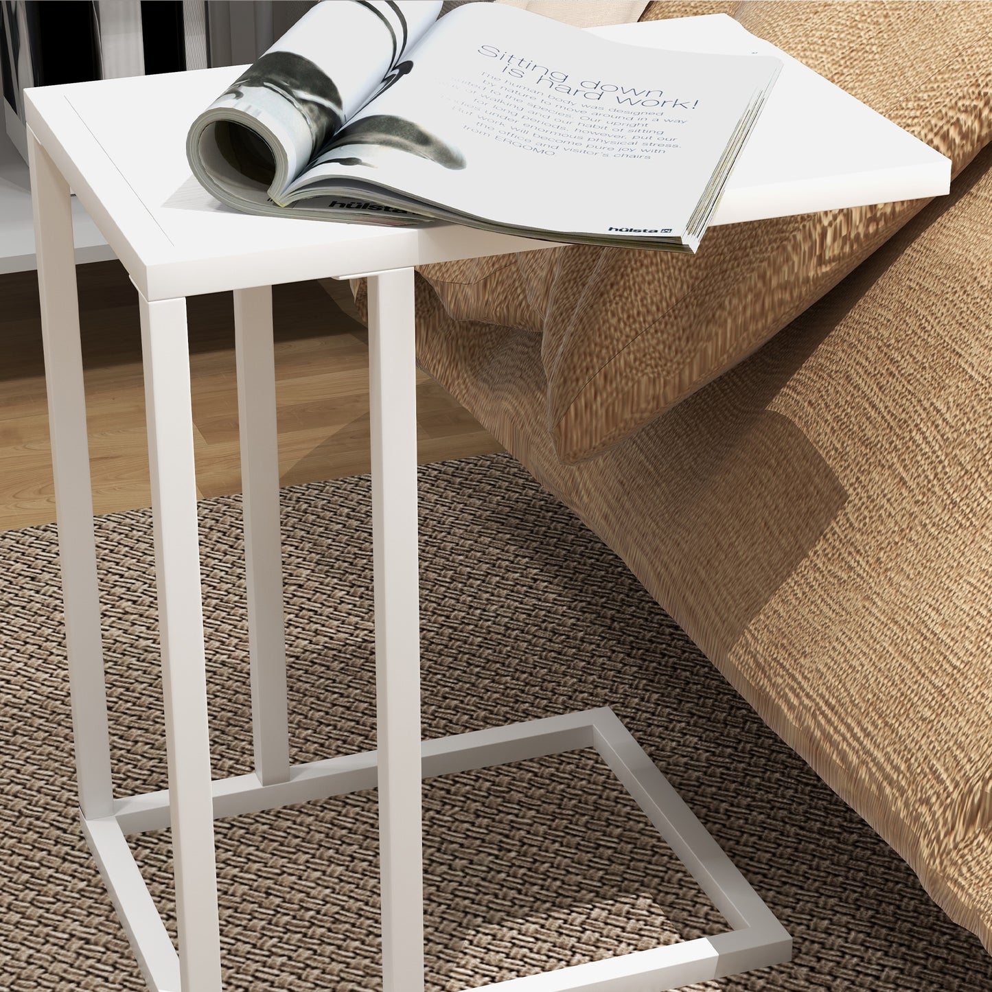 HOMCOM C Shape Bedside Table w/Metal Frame Wood-Effect Top Sofa Narrow Snack End Table for Living Room, White