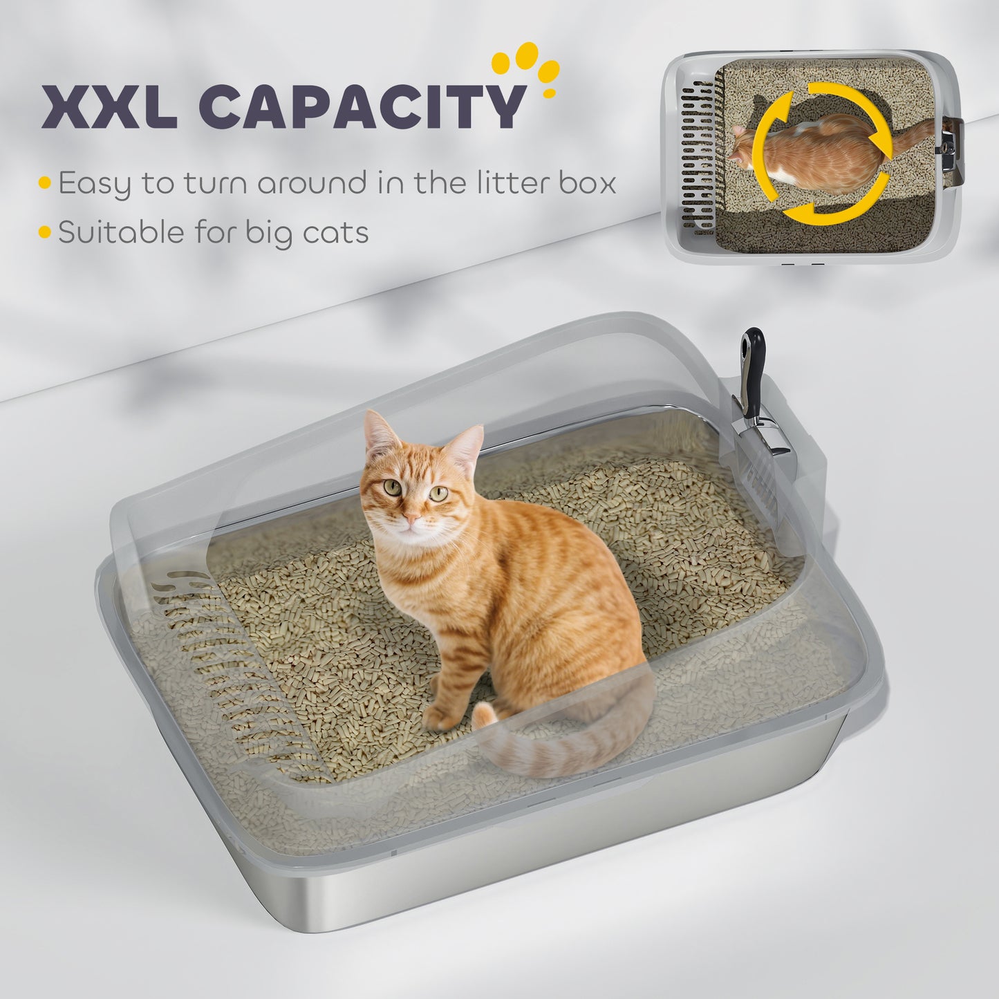 PawHut XXL Stainless Steel Cat Litter Box with High Sides, Metal Scoop, 70 x 50 x 30 cm