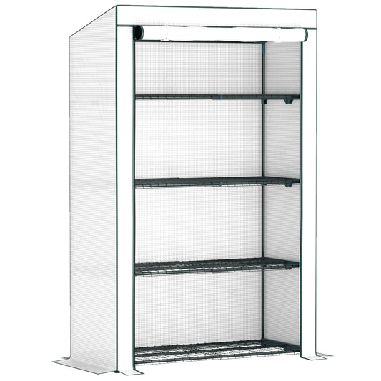 Outsunny 4 Tier Lean-to Mini Greenhouse, Reinforced PE Cover, Roll-Up Door, Green
