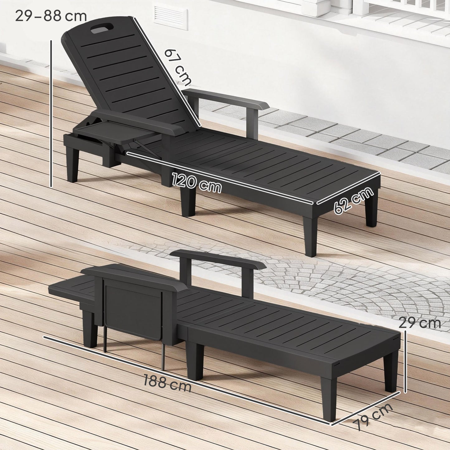 Outsunny Set of 2 Reclining Sun Loungers, 5 Positions Adjustable Outdoor Chaise Lounge Chair with Armrests, Black