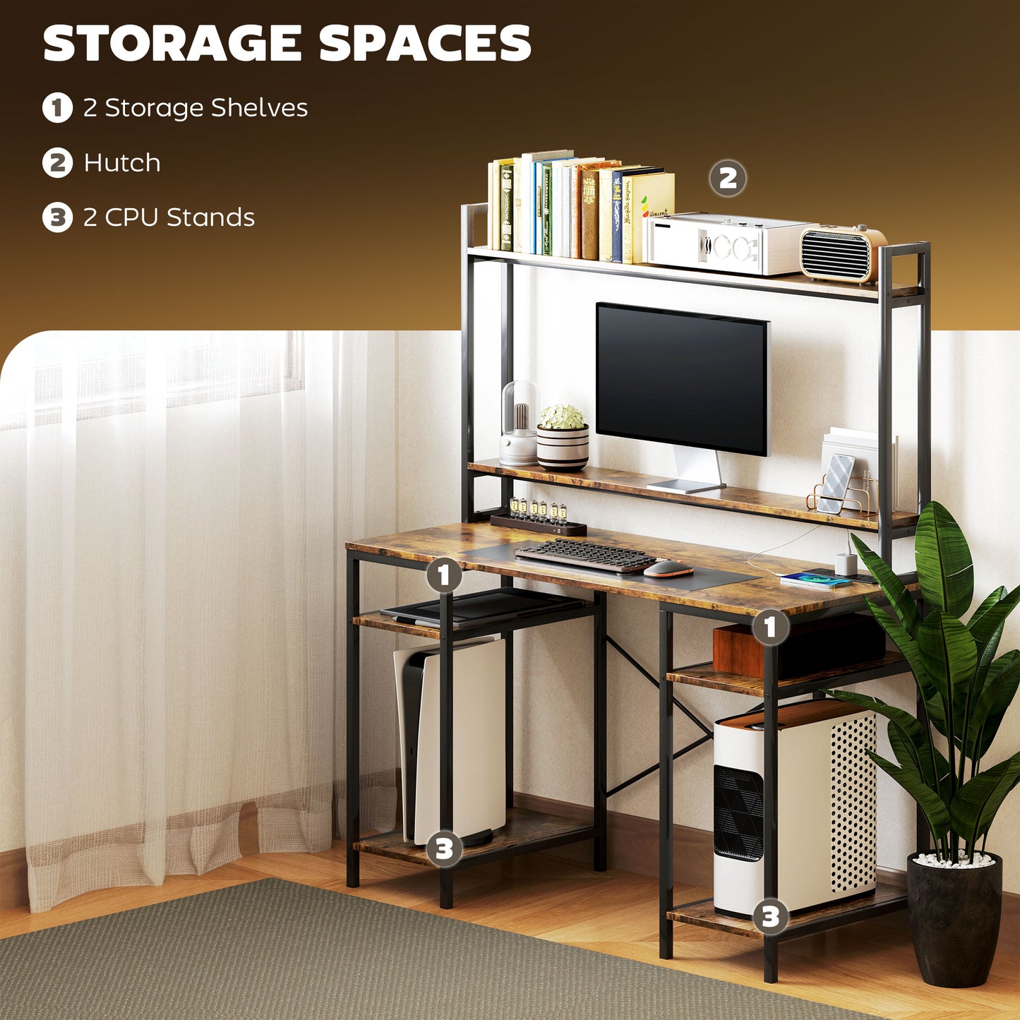 HOMCOM Computer Desk with Power Outlets, LED Lights, Monitor & 2 CPU Stands, Gaming Desk with Hutch, Rustic Brown