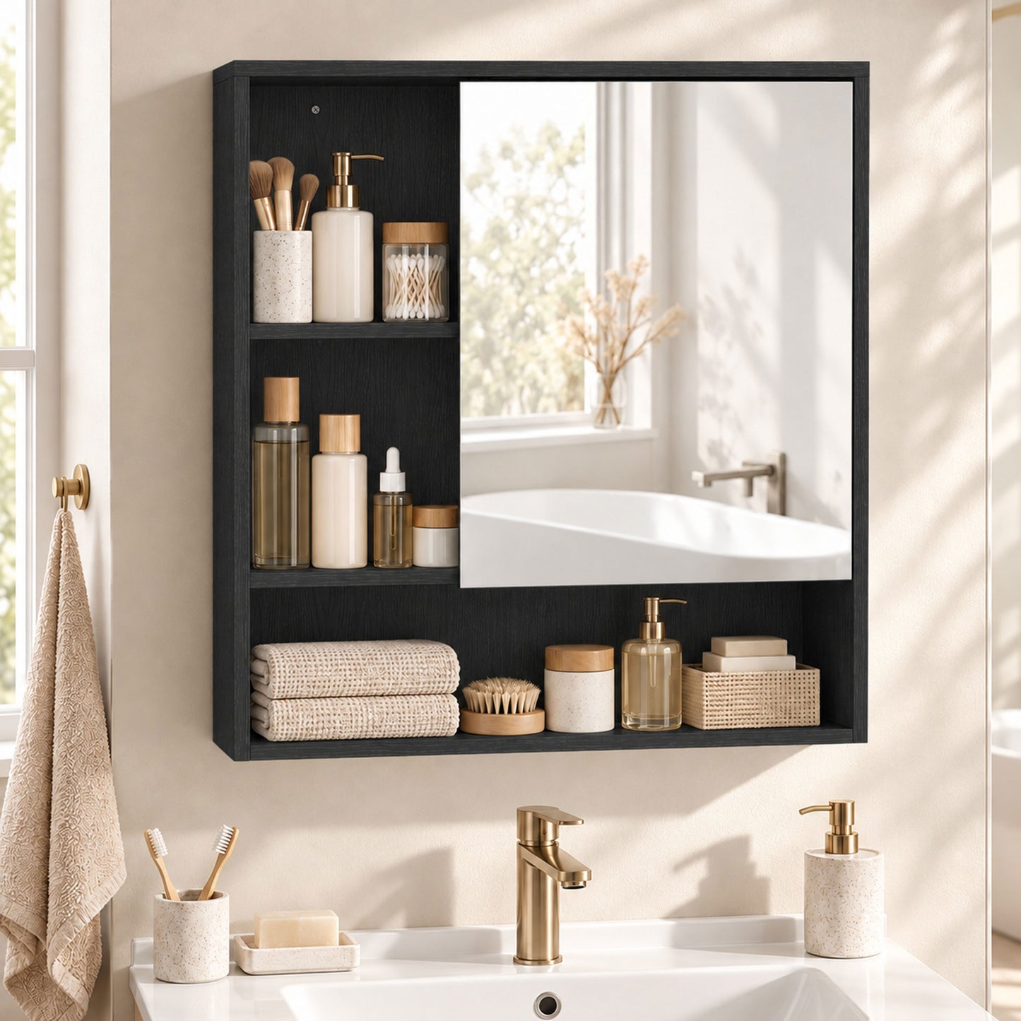 HOMCOM Bathroom Mirror Cabinet, Wall-Mounted Bathroom Cabinet with Mirror Door, Adjustable Shelves, Black